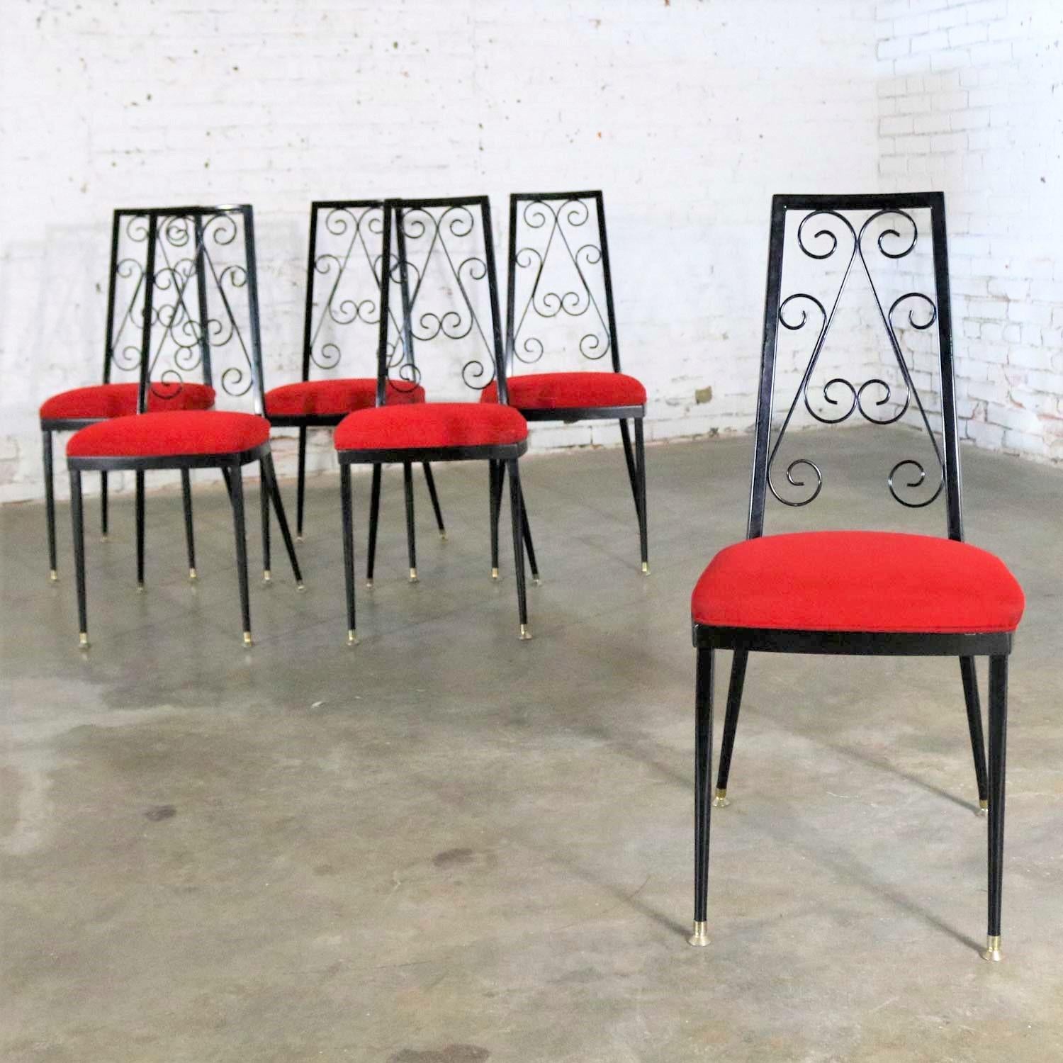 Painted Set 6 Decorables 1967 Selection for Chromcraft Metal Dining Chairs Red and Black For Sale