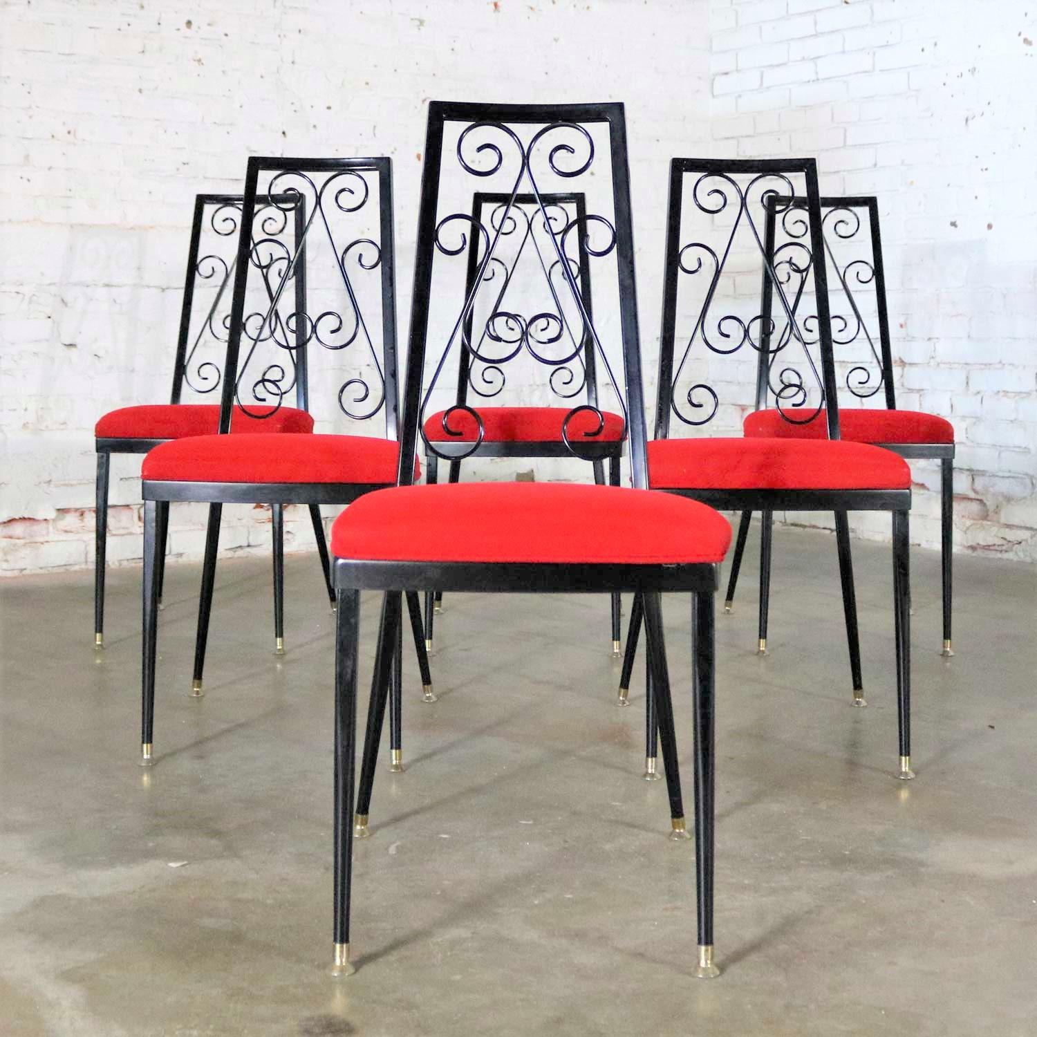 Set 6 Decorables 1967 Selection for Chromcraft Metal Dining Chairs Red and Black In Good Condition For Sale In Topeka, KS