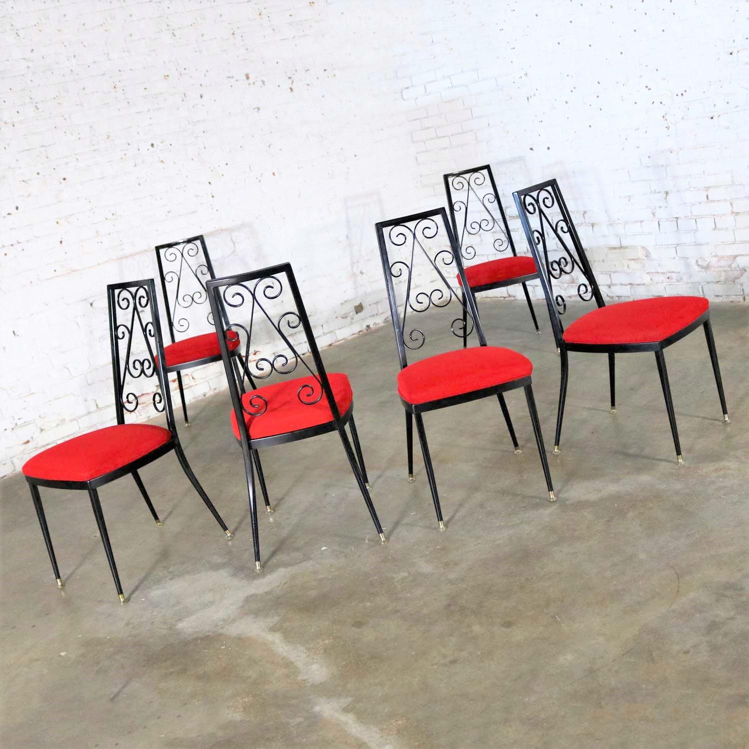 20th Century Set 6 Decorables 1967 Selection for Chromcraft Metal Dining Chairs Red and Black For Sale