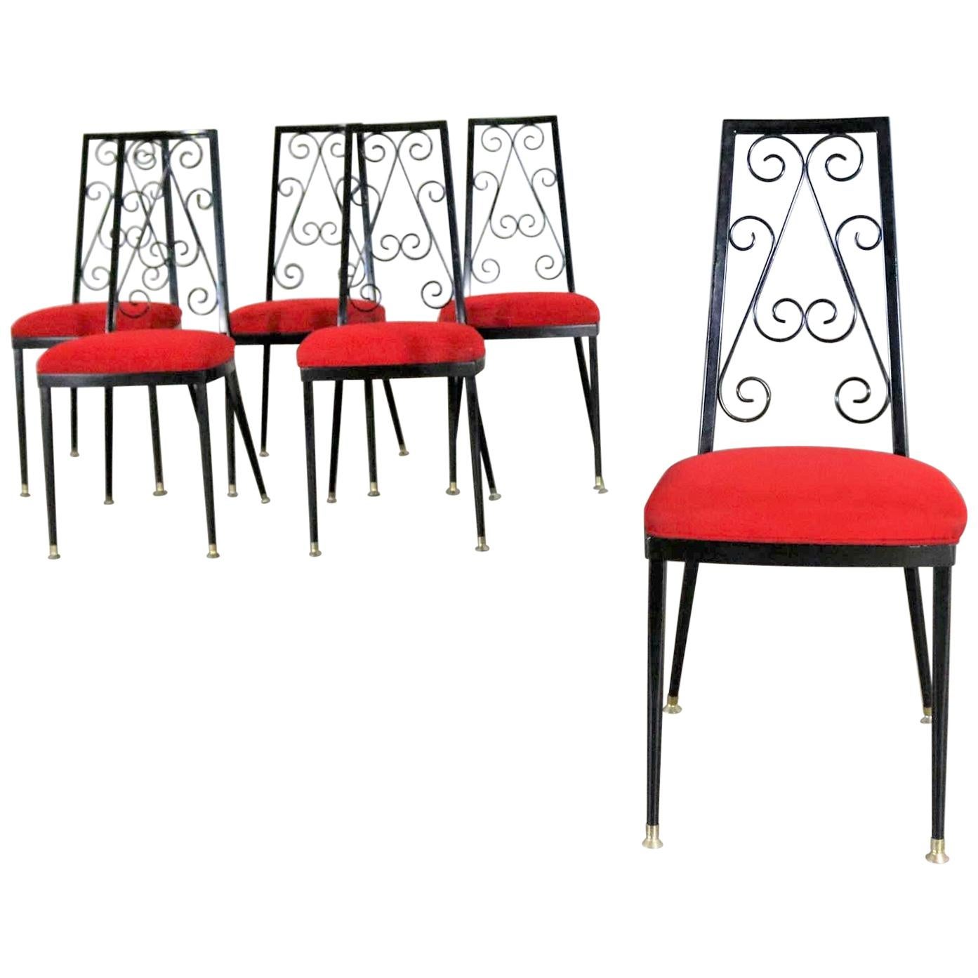 6 Dekorative Esszimmerstühle aus Metall von Chromcraft, rot und schwarz, 1967
