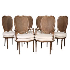 Set 6 Distressed Antique Walnut Cane Moire Directoire Louis XVI Dining Chairs