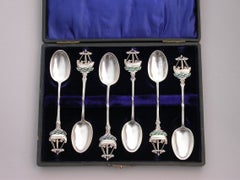 Set 6 Early 20th Century Silver and Enamel Hythe Golf Club Prize Teaspoons