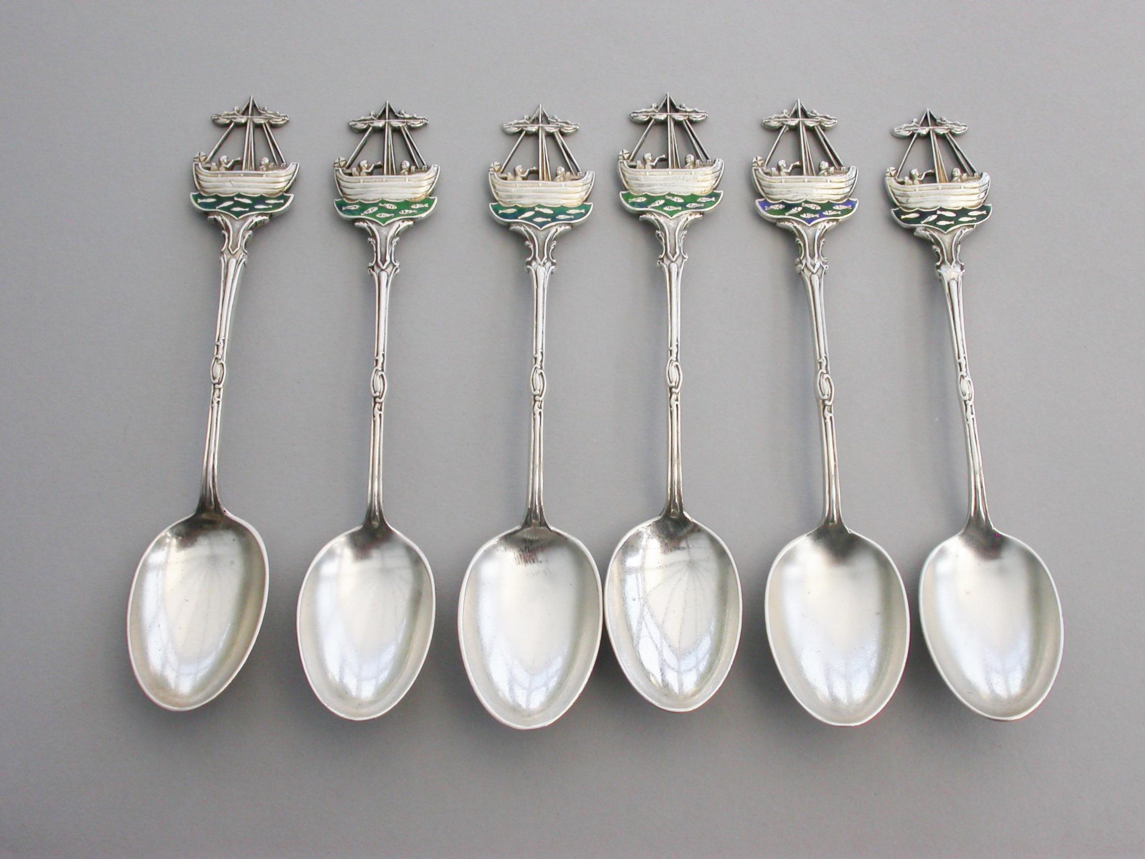 English Set 6 Early 20th Century Silver and Enamel Hythe Golf Club Prize Teaspoons For Sale