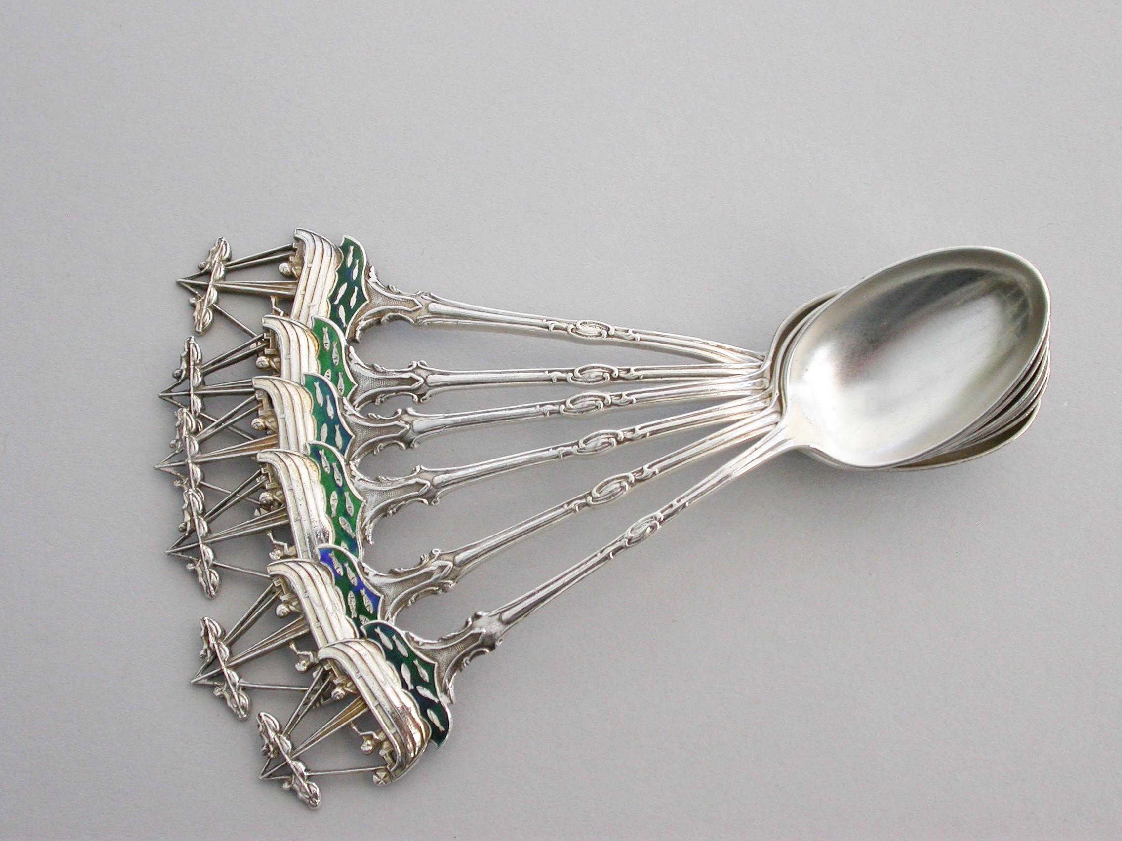 Set 6 Early 20th Century Silver and Enamel Hythe Golf Club Prize Teaspoons For Sale 2