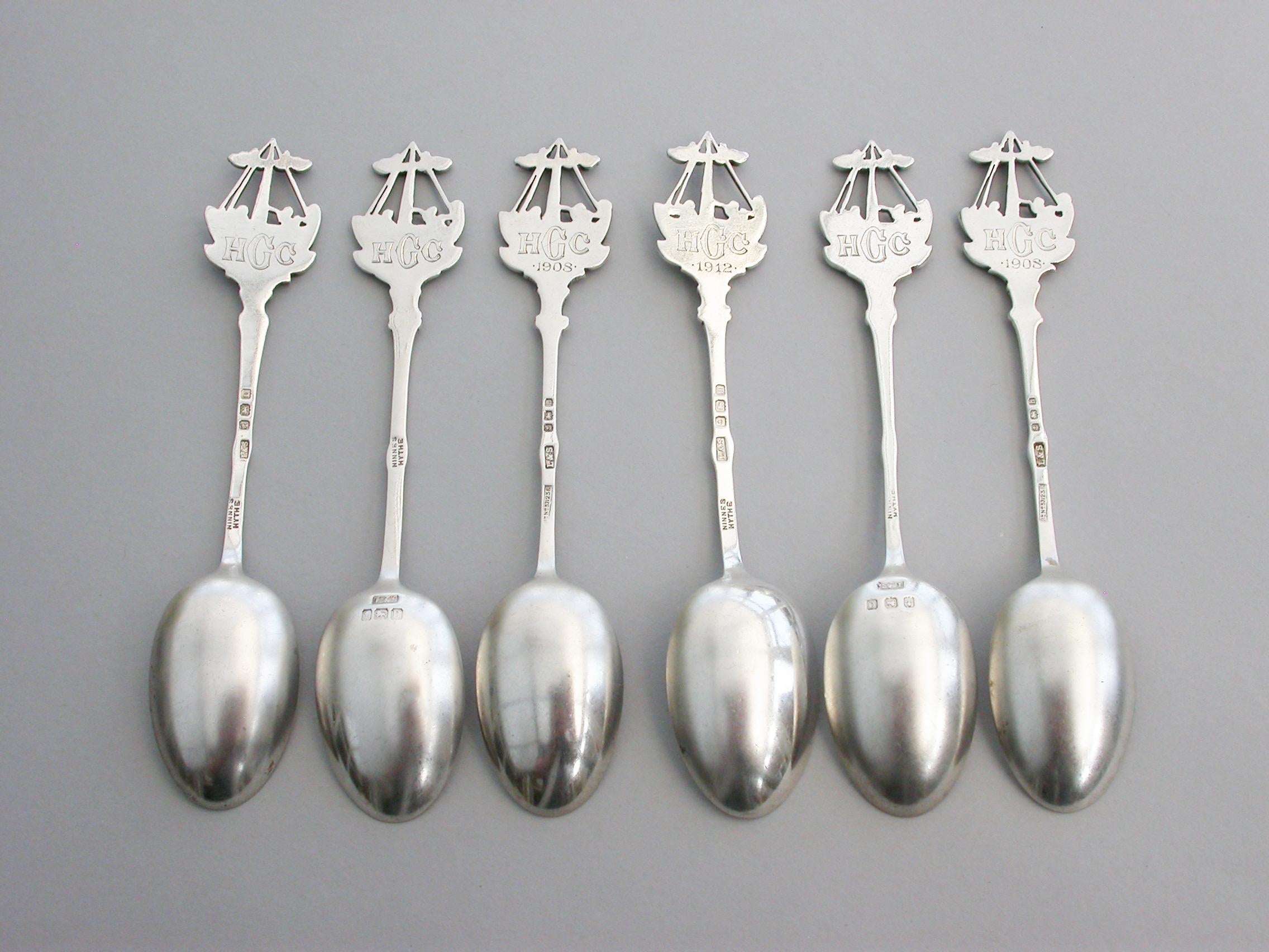 Set 6 Early 20th Century Silver and Enamel Hythe Golf Club Prize Teaspoons For Sale 4