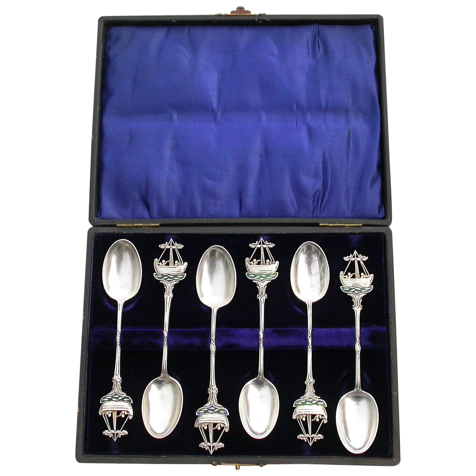 Set 6 Early 20th Century Silver and Enamel Hythe Golf Club Prize Teaspoons For Sale