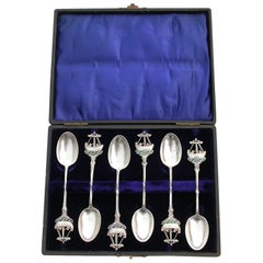 Antique Set 6 Early 20th Century Silver and Enamel Hythe Golf Club Prize Teaspoons