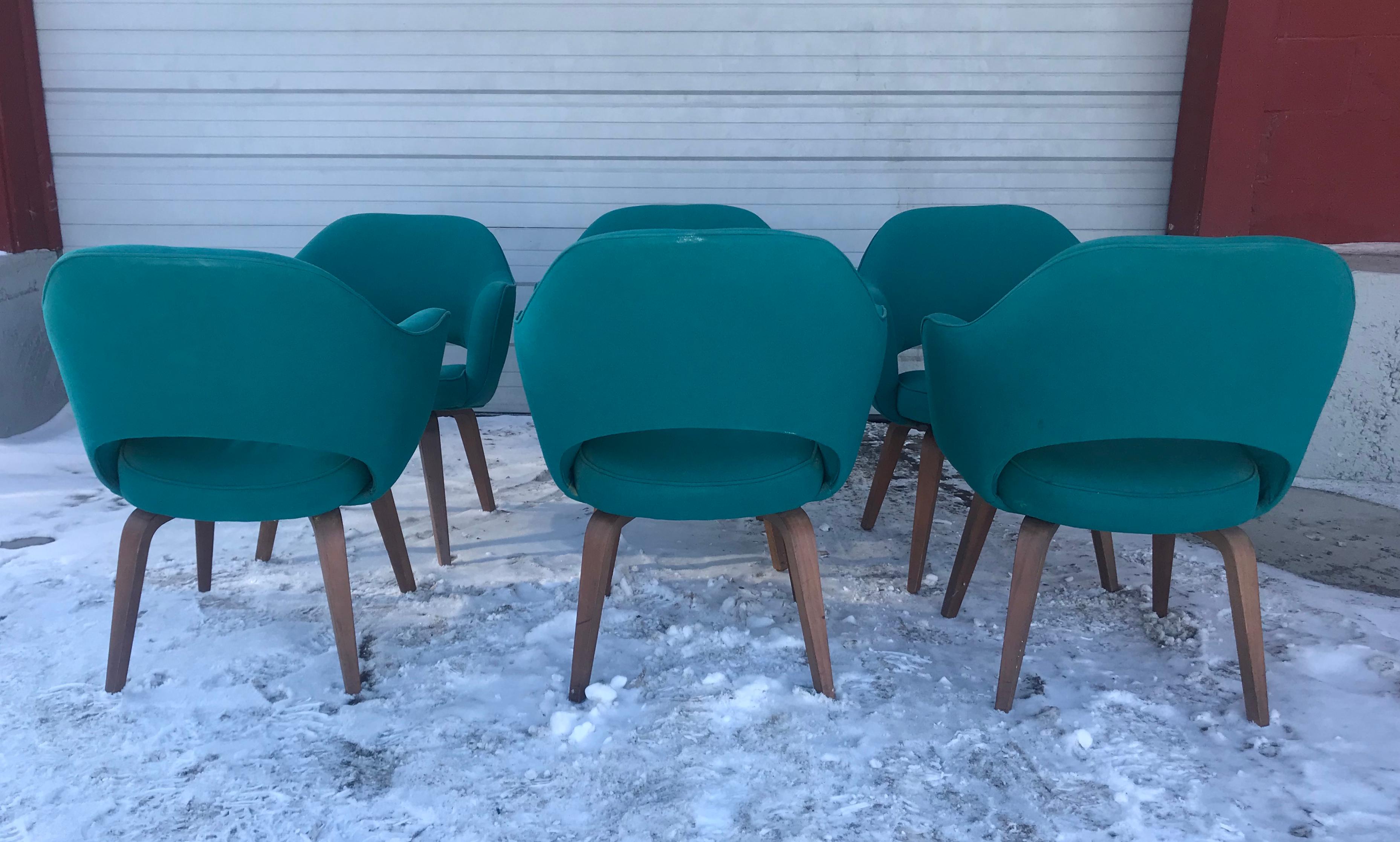 Fabric Set 6 Early Eero Saarinen /Knoll Executive Armchairs, Walnut Legs