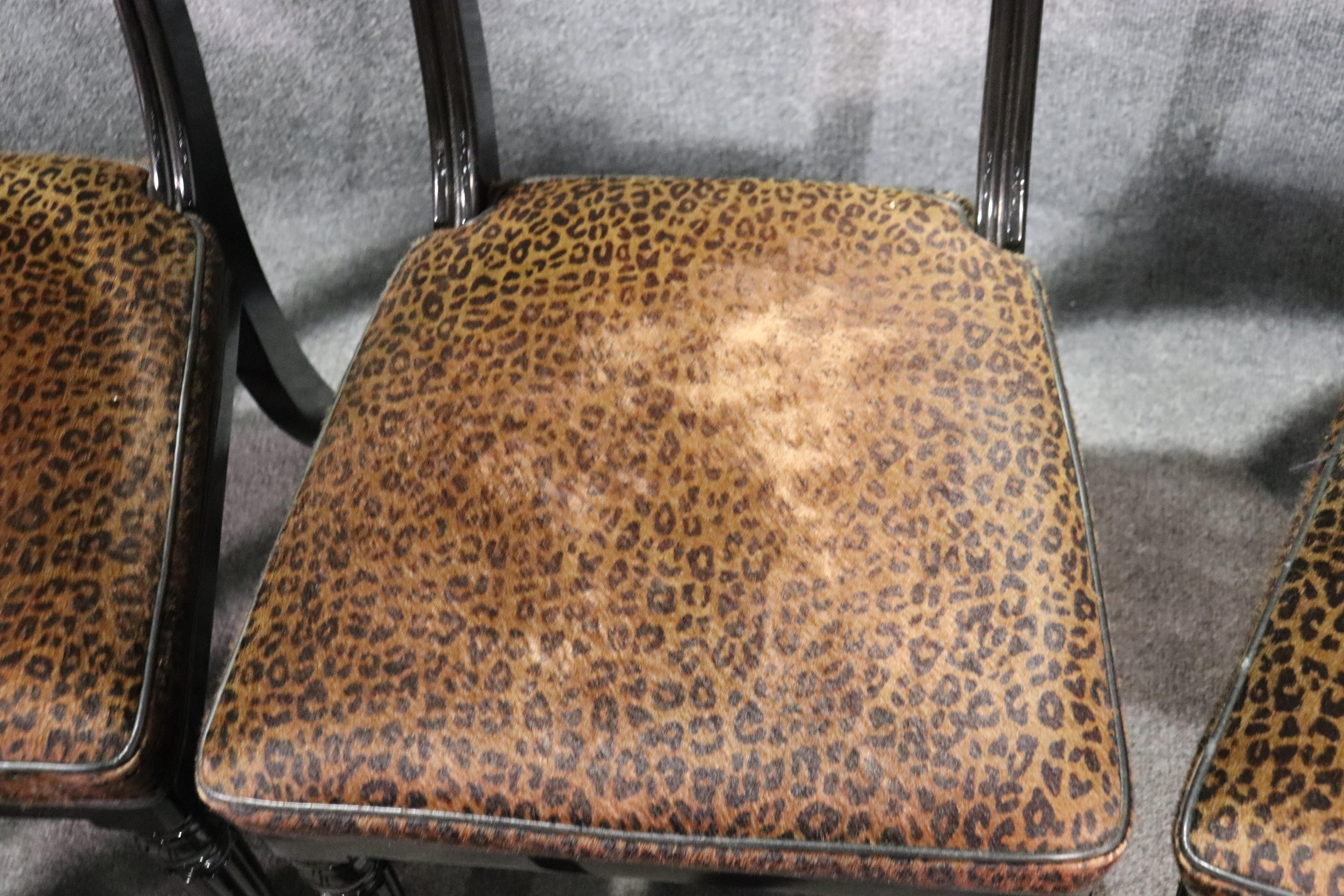 Late 20th Century Set of 6 English Regency Style Cheetah Print Dining Side Chairs