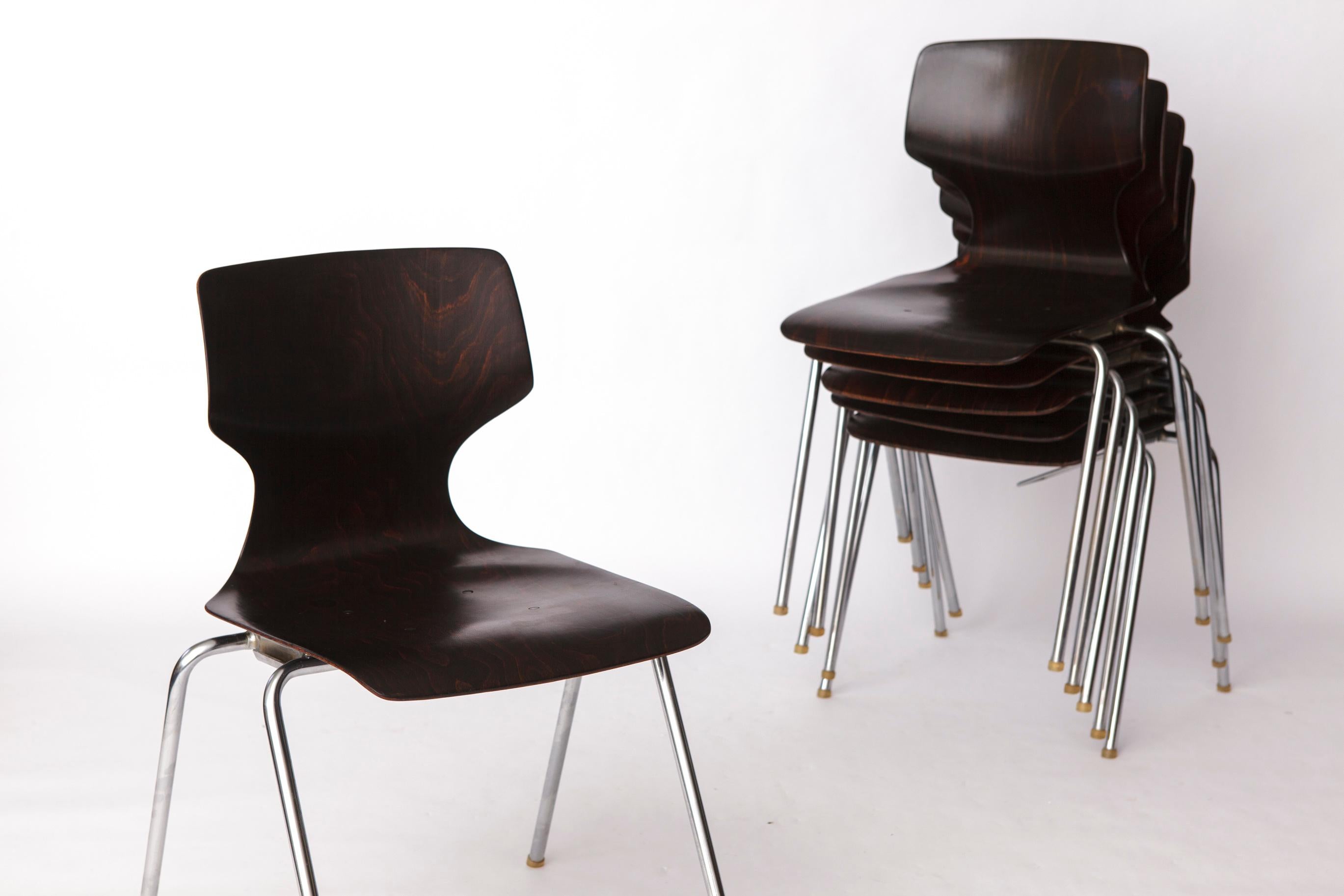 Set 6 Silla Flötotto Pagwood - Diseño Alemán Clásico, Años 70, Cromo y Contrachapado en venta 3