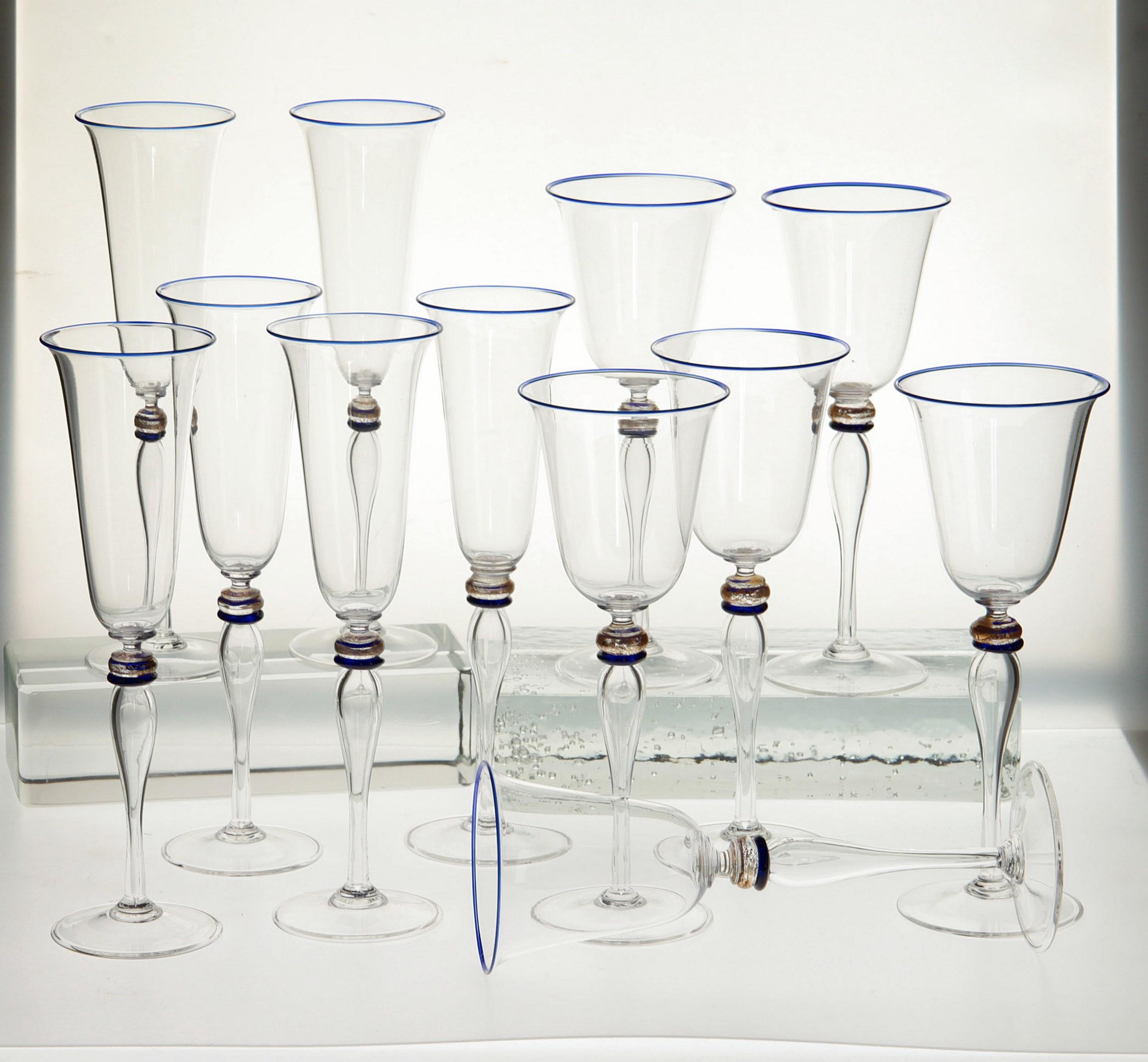 Set 6 Flutes and 6 Stem Glass Cenedese Murano Cobalt and Gold Accents, 80s For Sale 3