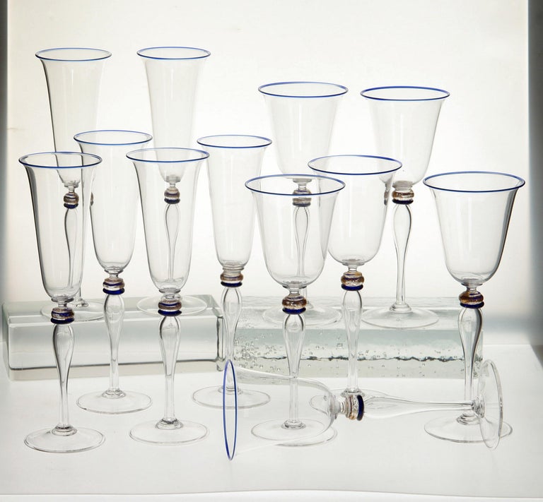 Set 6 Flutes and 6 Stem Glass Cenedese Murano Cobalt and Gold Accents, 80s For Sale 3