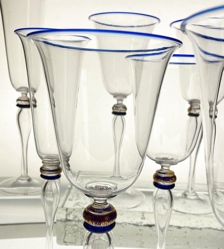 Set 6 Flutes and 6 Stem Glass Cenedese Murano Cobalt and Gold Accents, 80s For Sale 4