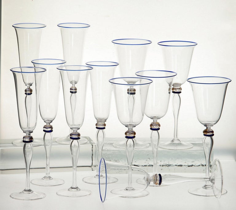 Set 6 Flutes and 6 Stem Glass Cenedese Murano Cobalt and Gold Accents, 80s For Sale 7