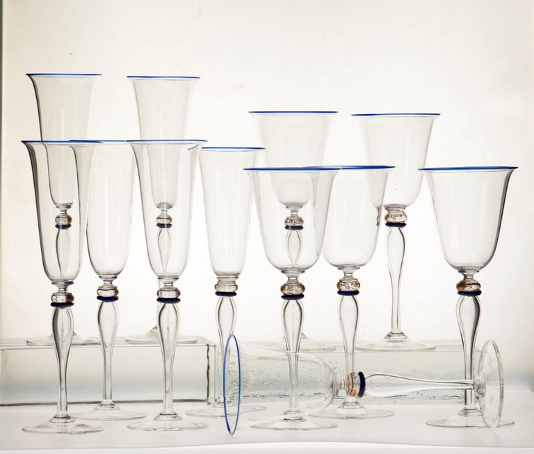 Set 6 Flutes and 6 Stem Glass Cenedese Murano Cobalt and Gold Accents, 80s For Sale 9