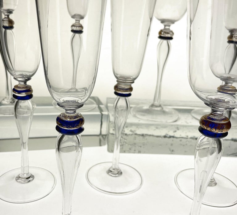 Set 6 Flutes and 6 Stem Glass Cenedese Murano Cobalt and Gold Accents, 80s For Sale 10