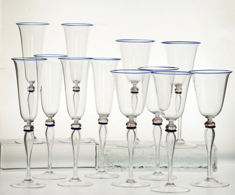 Set 6 Flutes and 6 Stem Glass Cenedese Murano Cobalt and Gold Accents, 80s For Sale 13