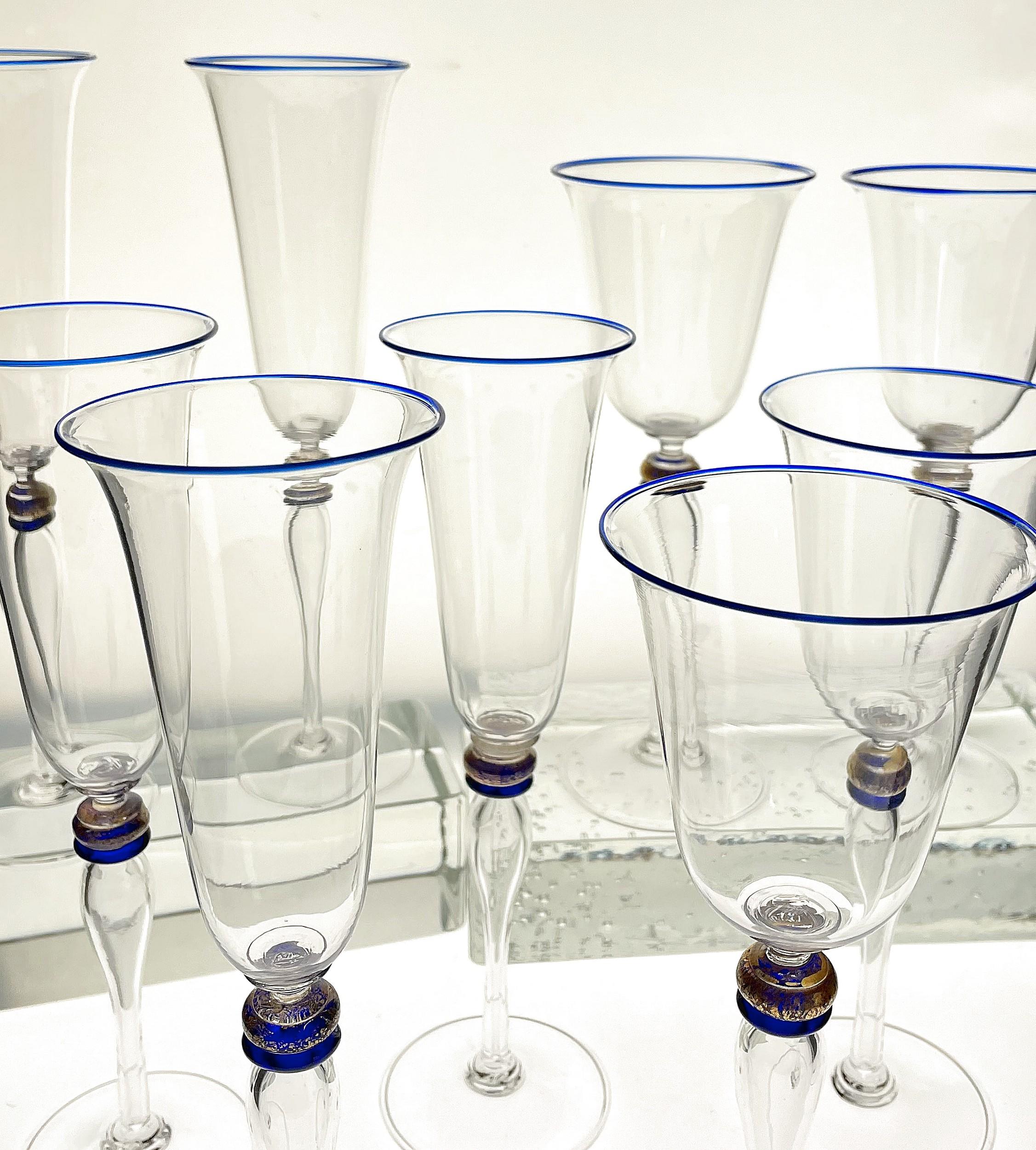 Italian Set 6 Flutes and 6 Stem Glass Cenedese Murano Cobalt and Gold Accents, 80s For Sale