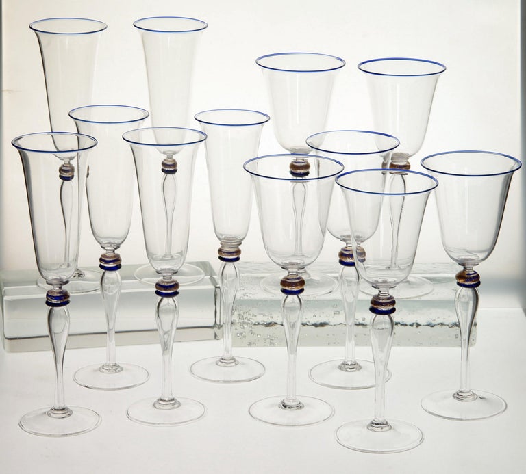 Art Glass Set 6 Flutes and 6 Stem Glass Cenedese Murano Cobalt and Gold Accents, 80s For Sale