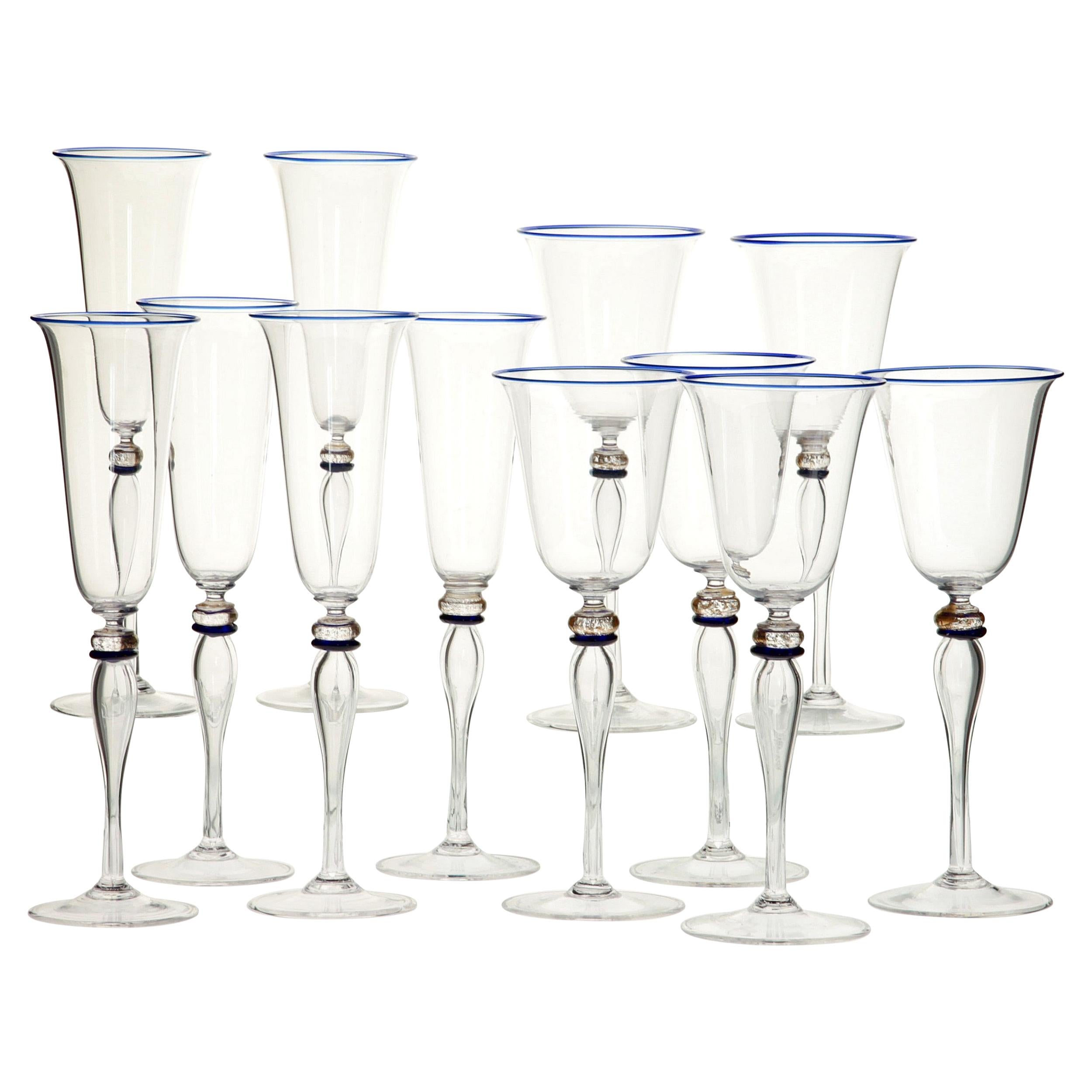 Set 6 Flutes and 6 Stem Glass Cenedese Murano Cobalt and Gold Accents, 80s