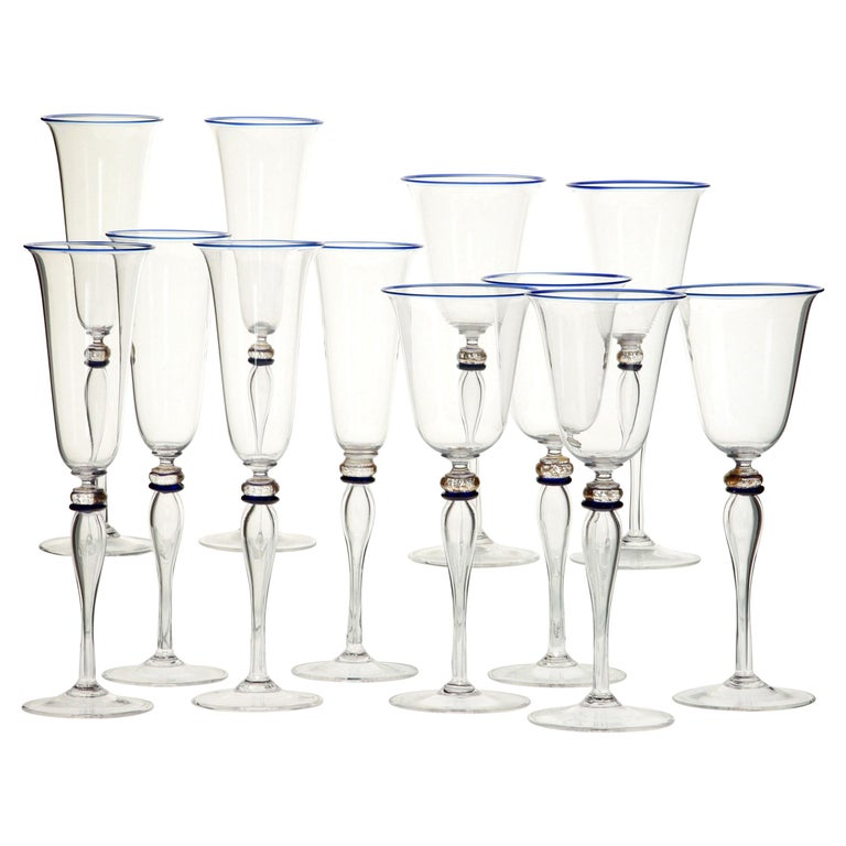 Set 6 Flutes and 6 Stem Glass Cenedese Murano Cobalt and Gold Accents, 80s For Sale