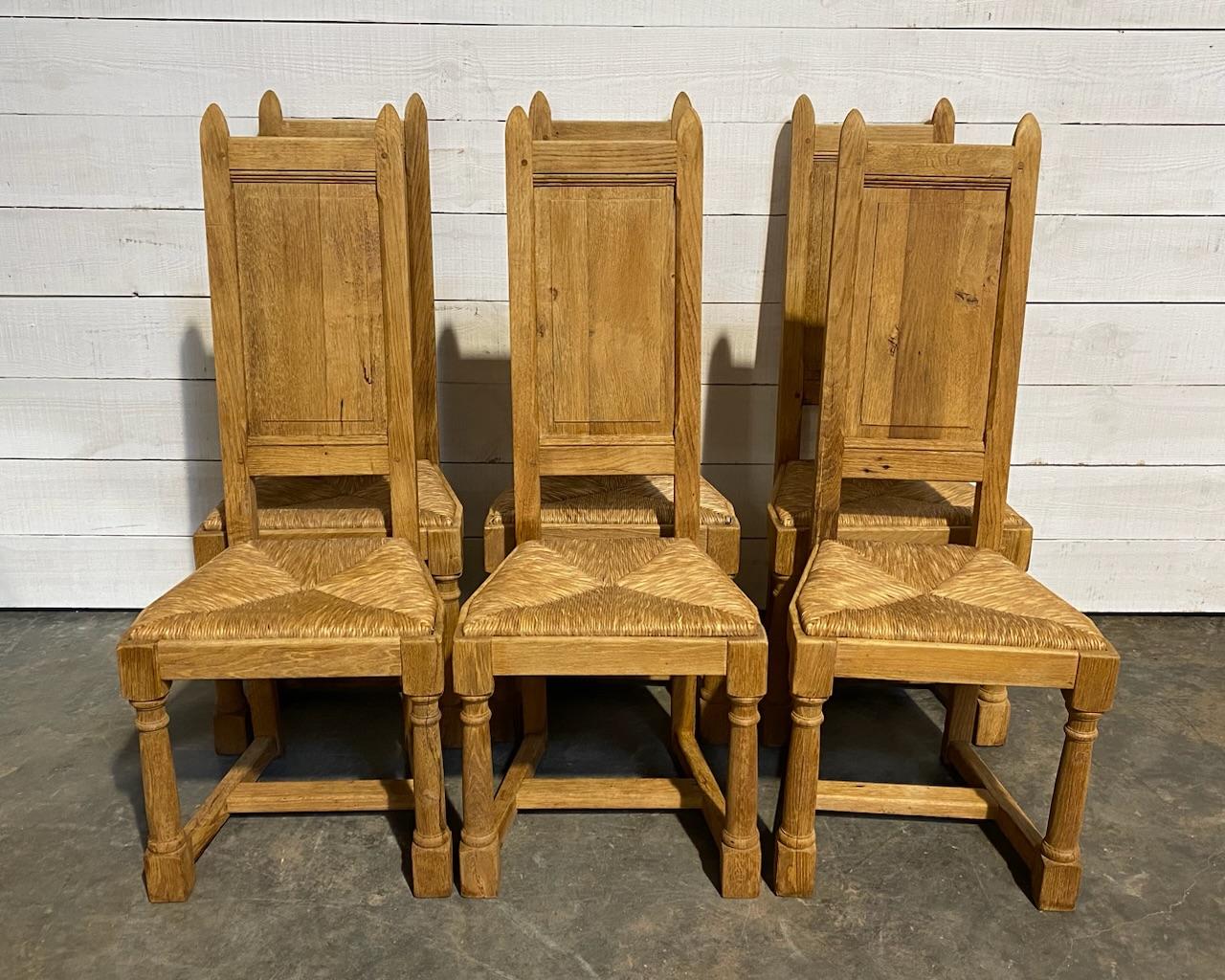 Early 20th Century Set 6 French Bleached Oak Farmhouse Dining Chairs