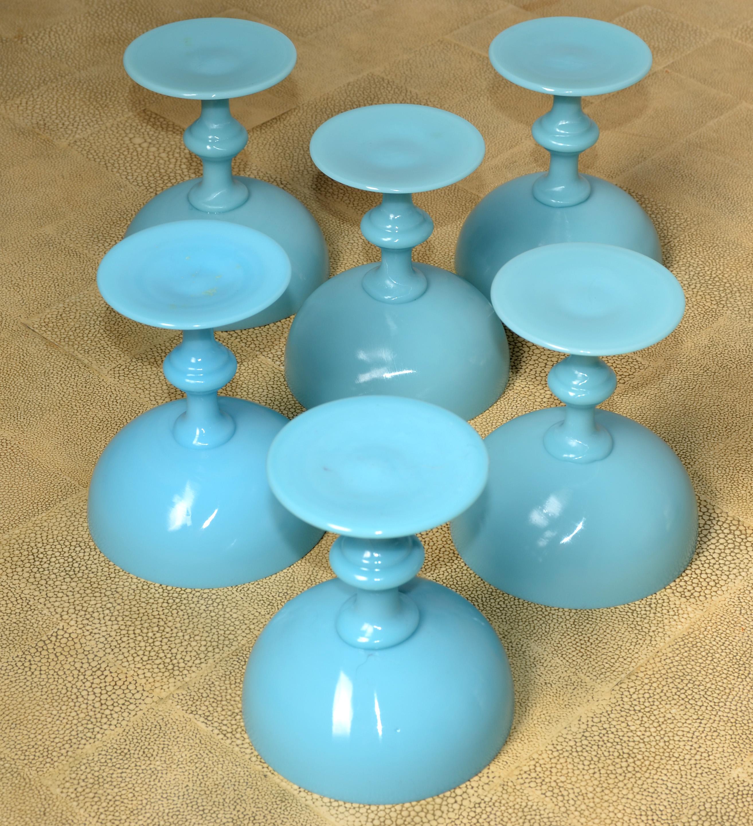 Opaline Glass Set 6 French Blue Opaline Sherbet Cups Portieux Valersthal Neoclassical  For Sale