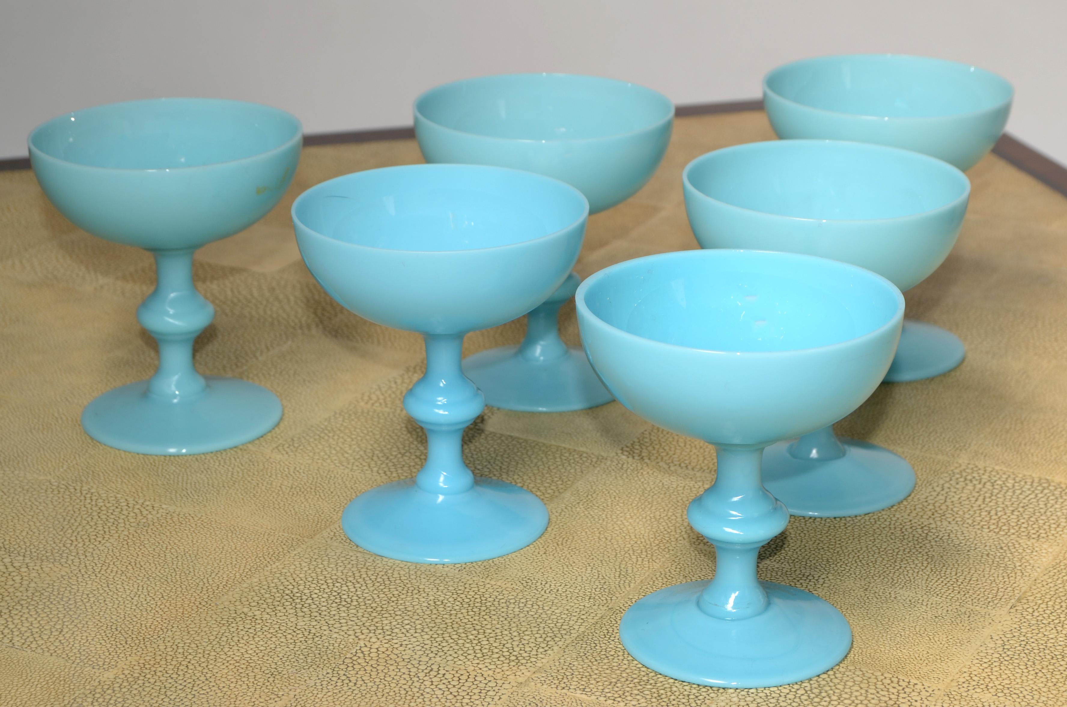 French Provincial Set 6 French Blue Opaline Sherbet Cups Portieux Valersthal Neoclassical  For Sale