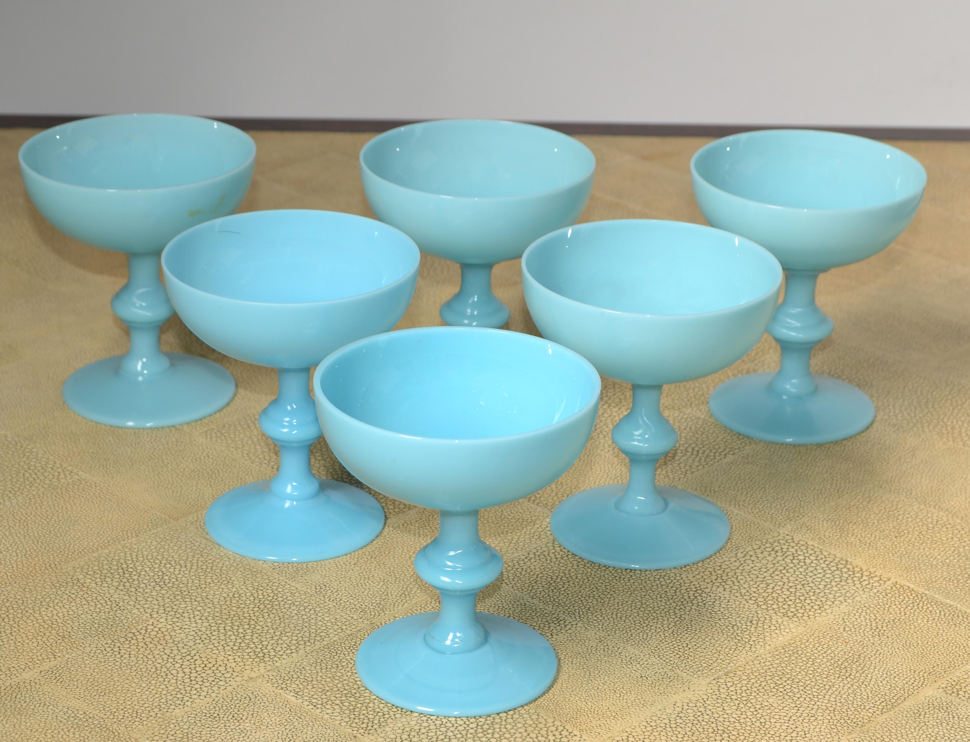 Hand-Crafted Set 6 French Blue Opaline Sherbet Cups Portieux Valersthal Neoclassical  For Sale