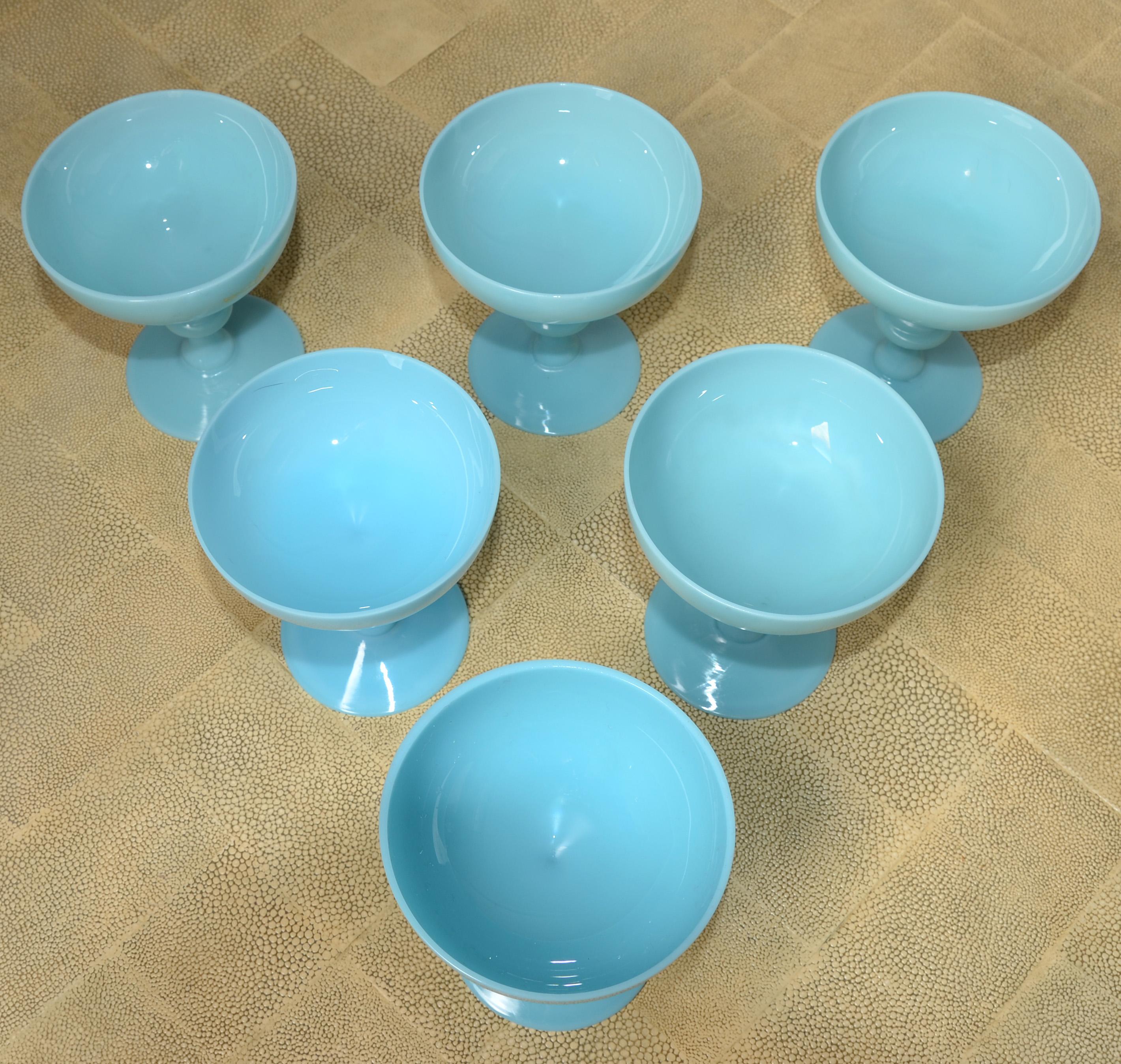 Mid-20th Century Set 6 French Blue Opaline Sherbet Cups Portieux Valersthal Neoclassical  For Sale