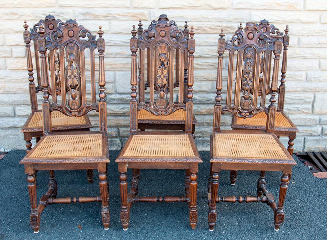 Set 6 French Dark Carved Oak and Cane Side Chairs For Sale 4