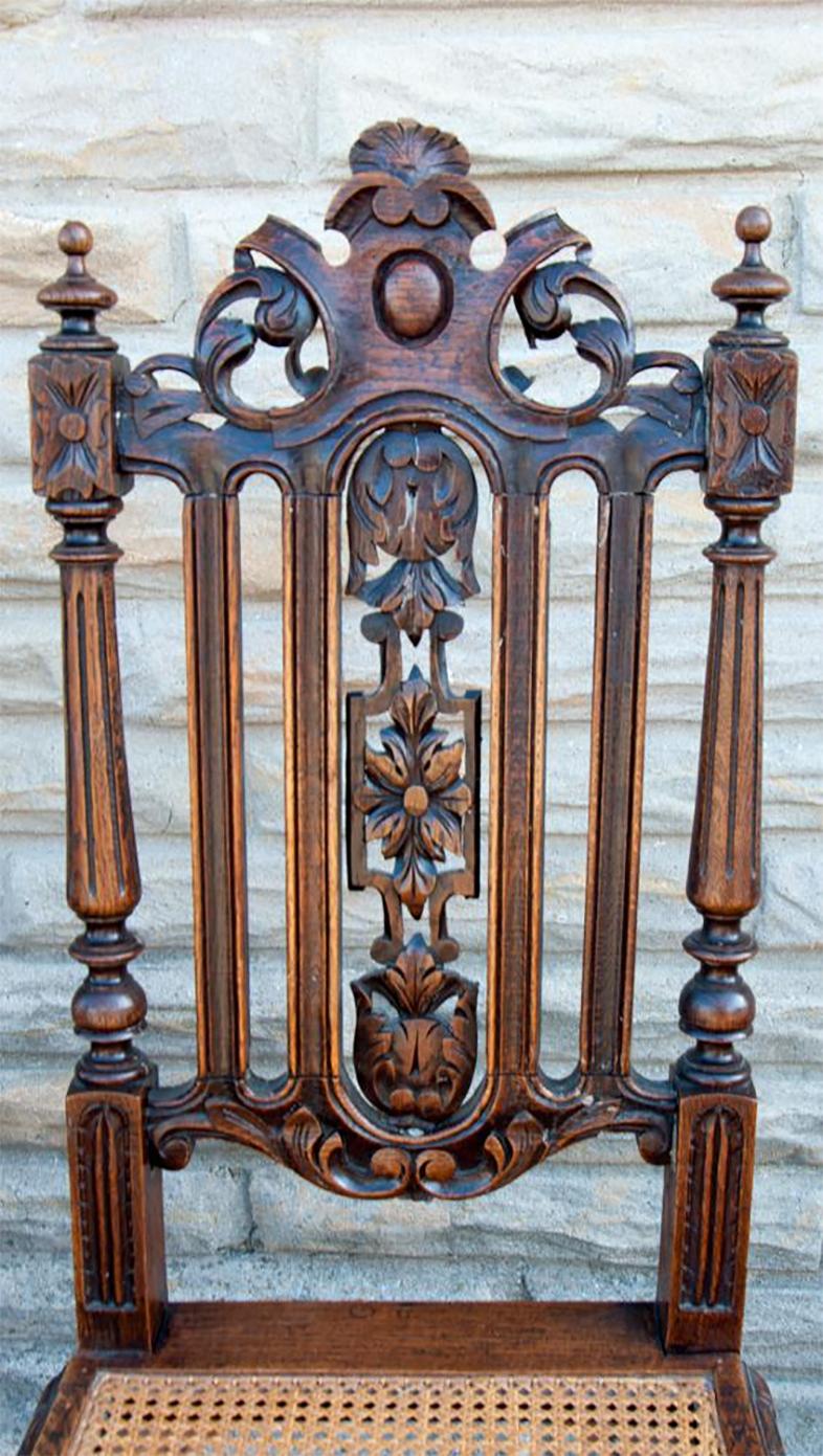 Renaissance Set 6 French Dark Carved Oak and Cane Side Chairs For Sale