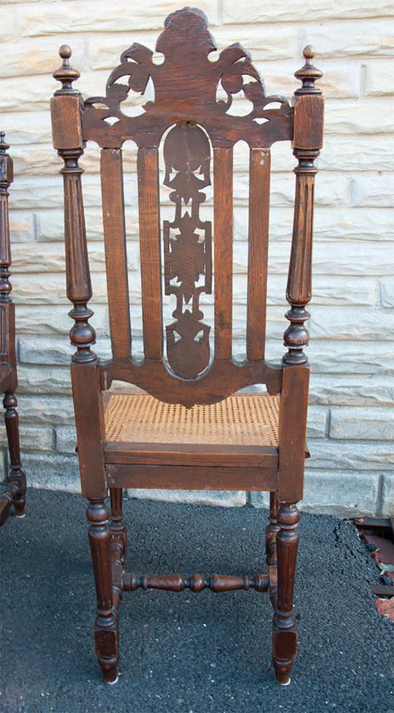 Caning Set 6 French Dark Carved Oak and Cane Side Chairs For Sale