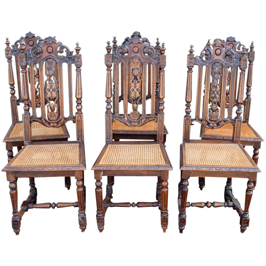 Set 6 French Dark Carved Oak and Cane Side Chairs For Sale