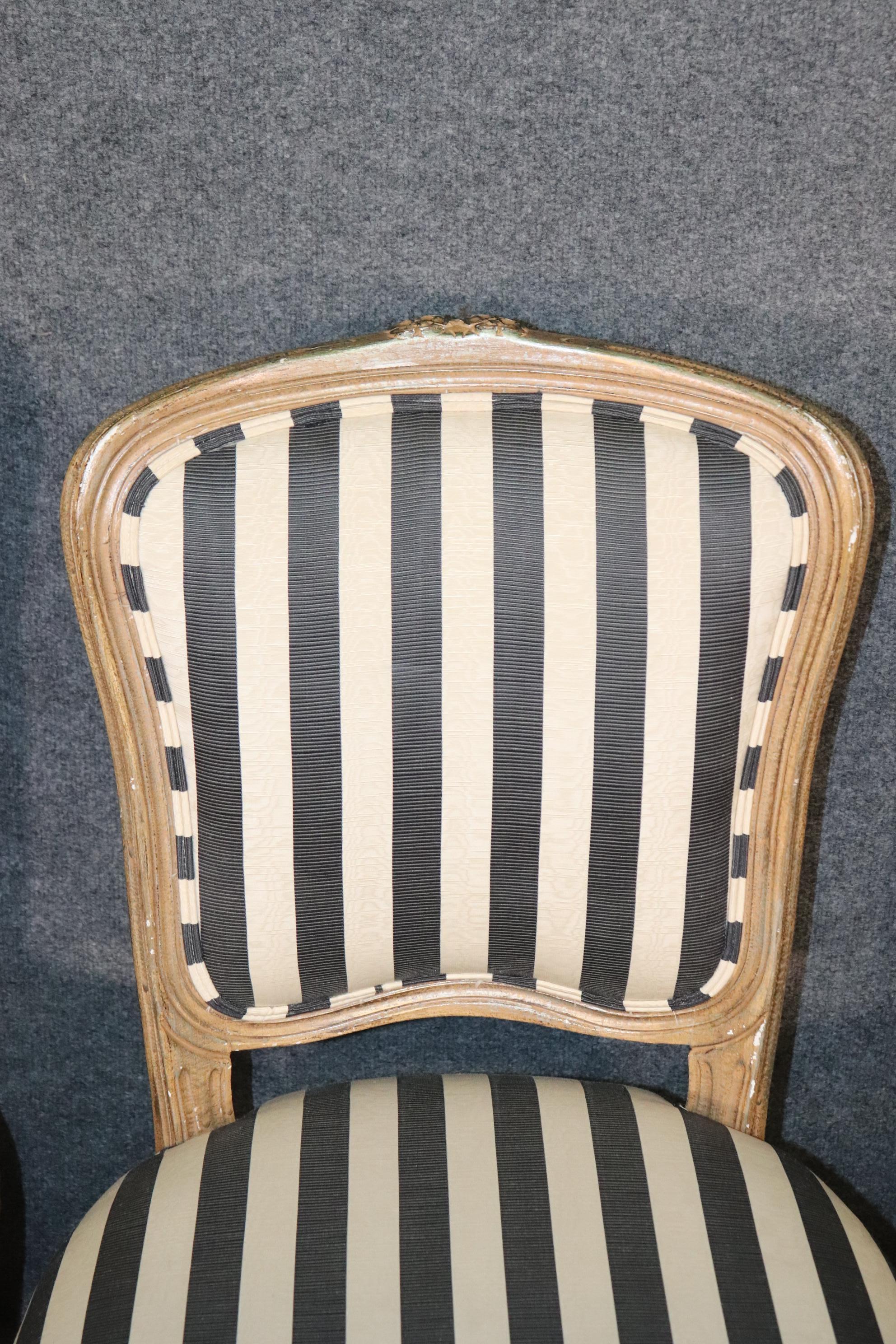 Set 6 French Louis XV Paint Decorated Dining Chairs in Moire Striped Upholstery 5