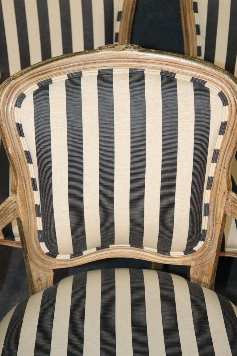 European Set 6 French Louis XV Paint Decorated Dining Chairs in Moire Striped Upholstery