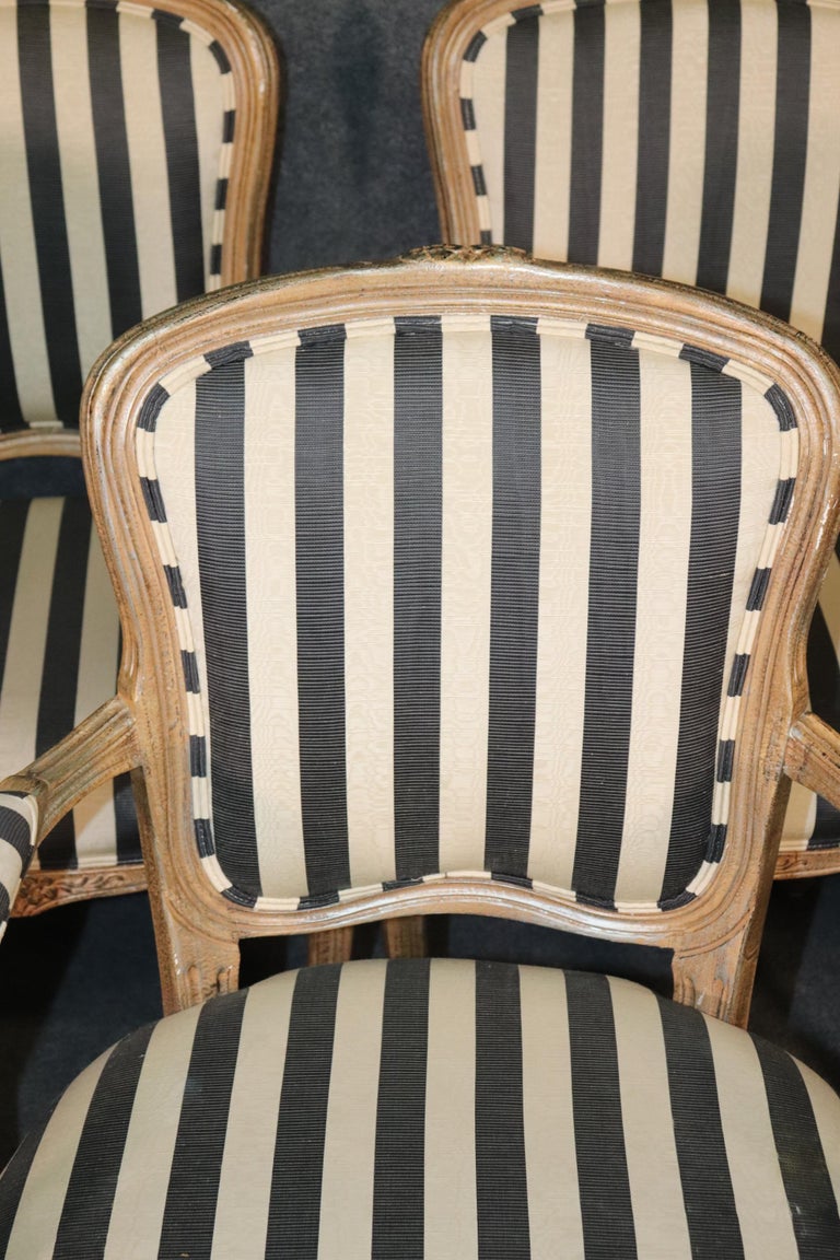 Late 20th Century Set 6 French Louis XV Paint Decorated Dining Chairs in Moire Striped Upholstery