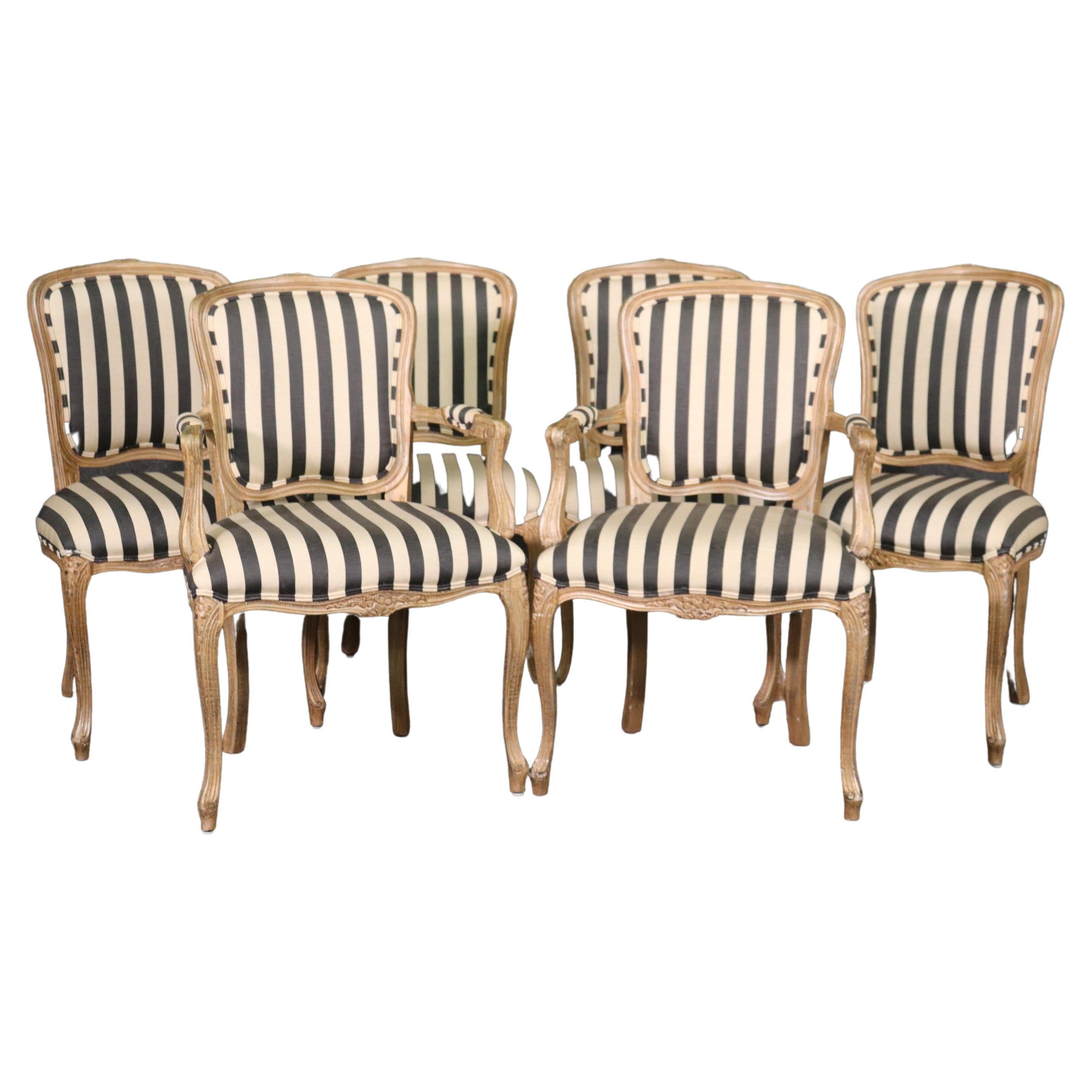 Set 6 French Louis XV Paint Decorated Dining Chairs in Moire Striped Upholstery