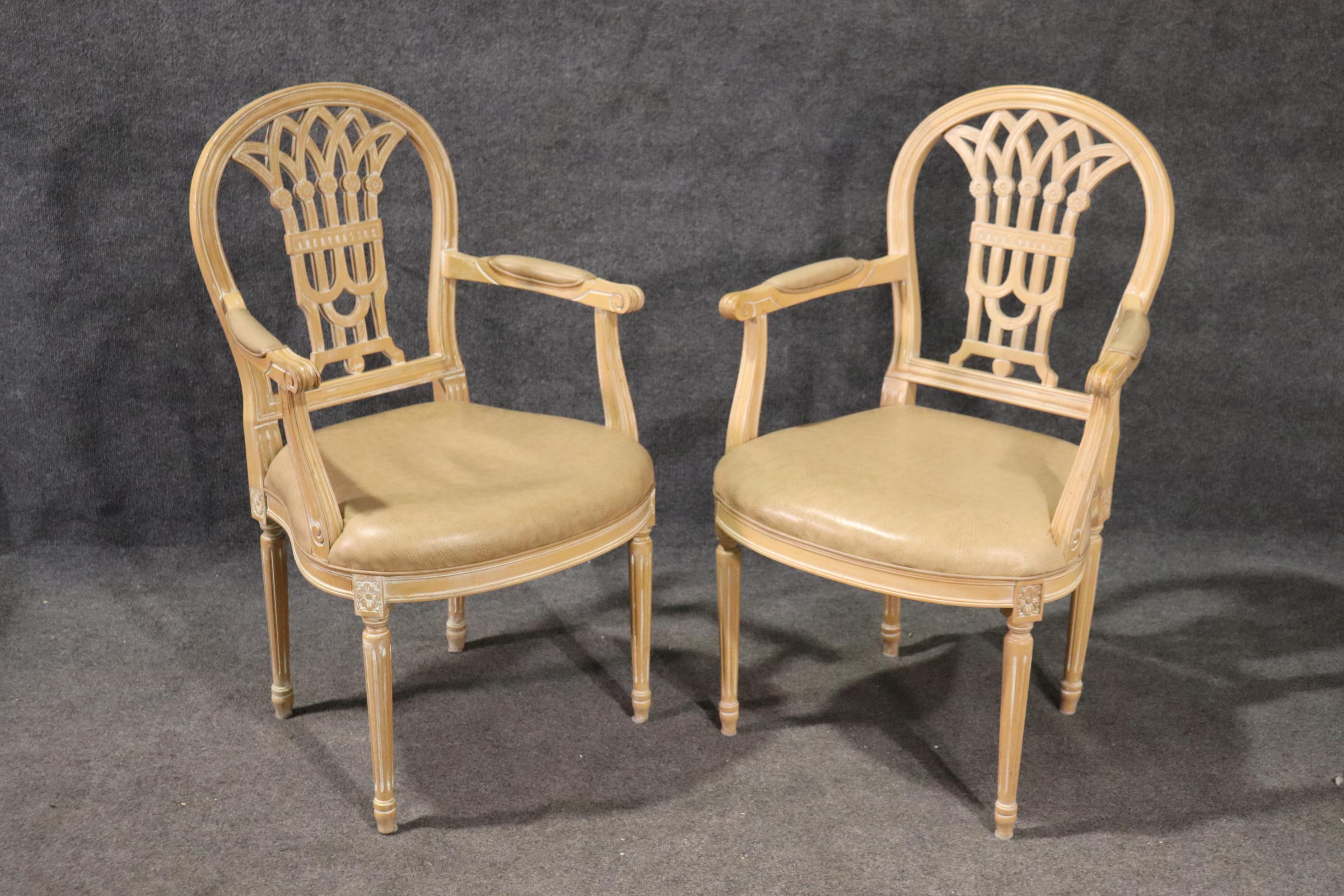 This is a beautiful set of Louis XVI style chairs. They are in good condition. The chairs measure 40 tall x 25 wide x 24 deep and the seat height is 19 inches.