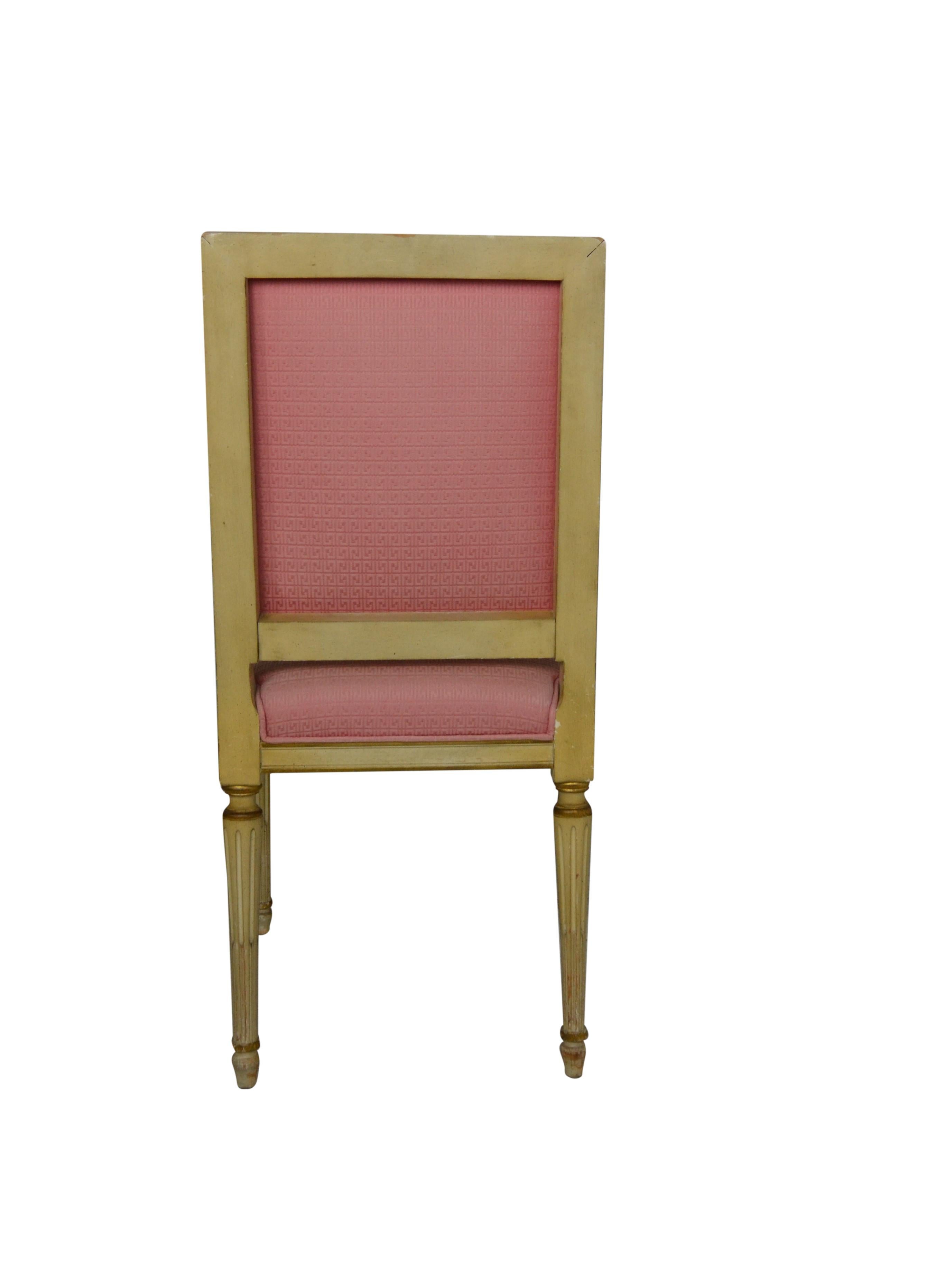 A set of 6 Louis XVI French dining chairs with gilt highlights. Original upholstery in very good condition.