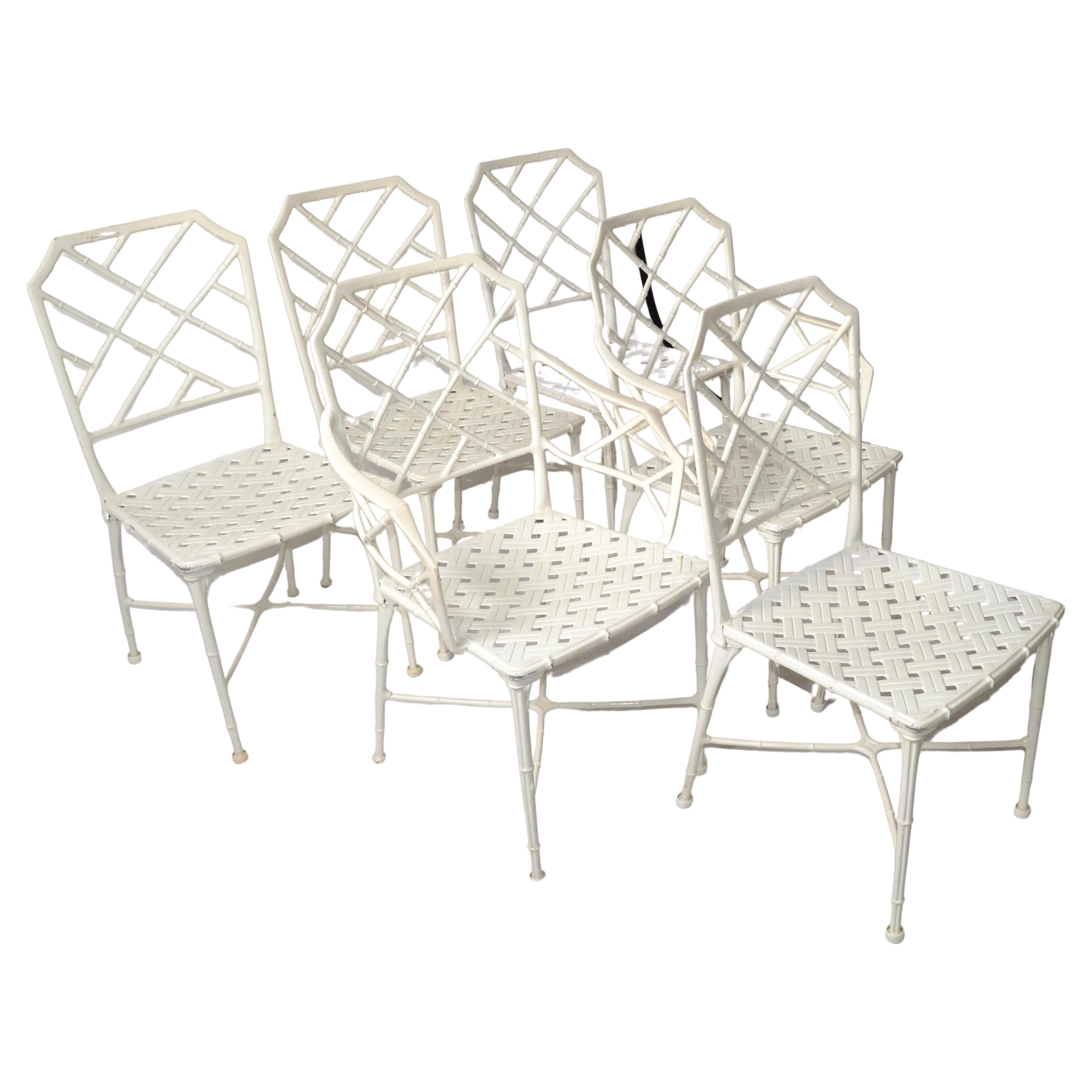Chinese Chippendale Set 6 Hall Bradley Calcutta Outdoor White Distressed Finished Dining Chairs 1960 For Sale