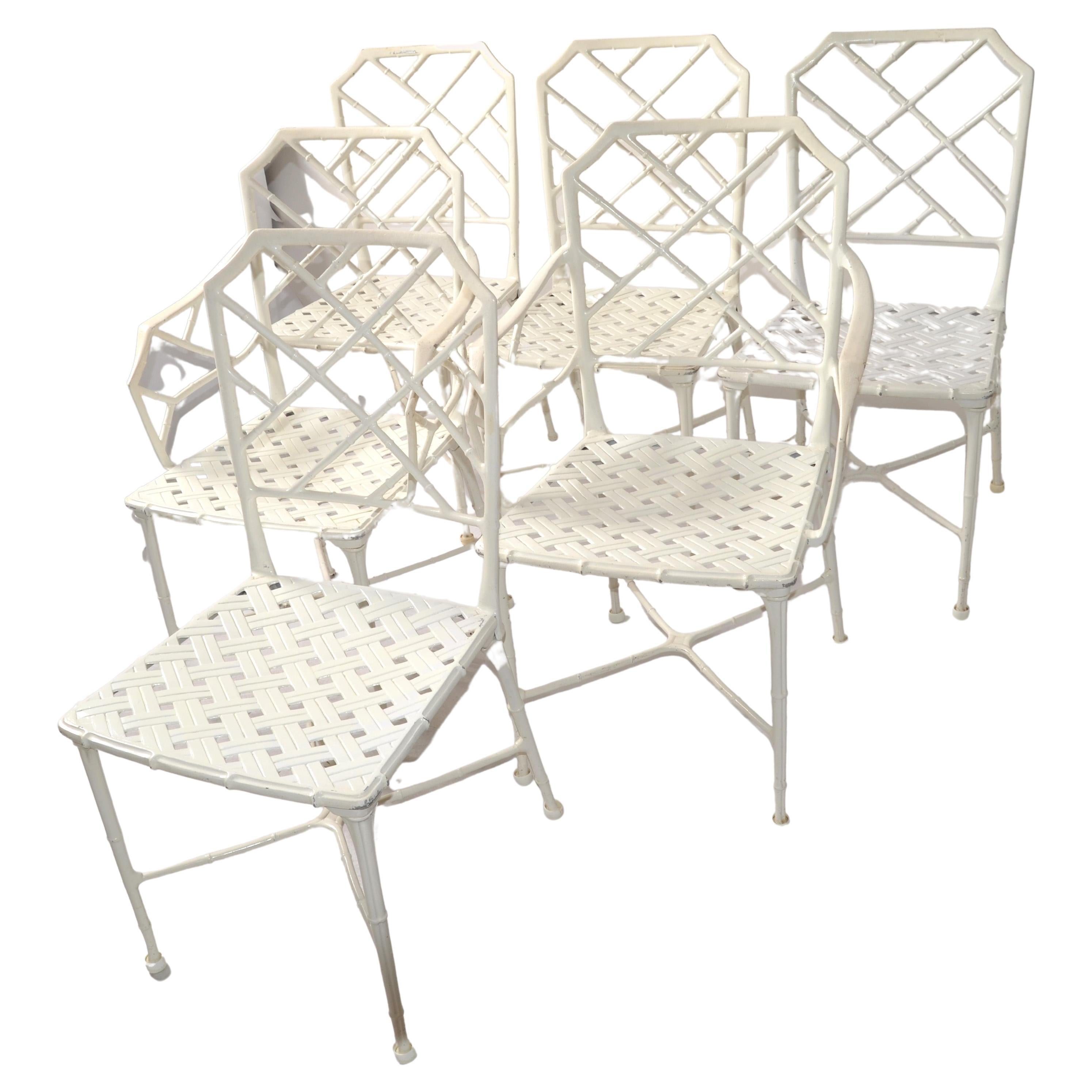 American Set 6 Hall Bradley Calcutta Outdoor White Distressed Finished Dining Chairs 1960 For Sale