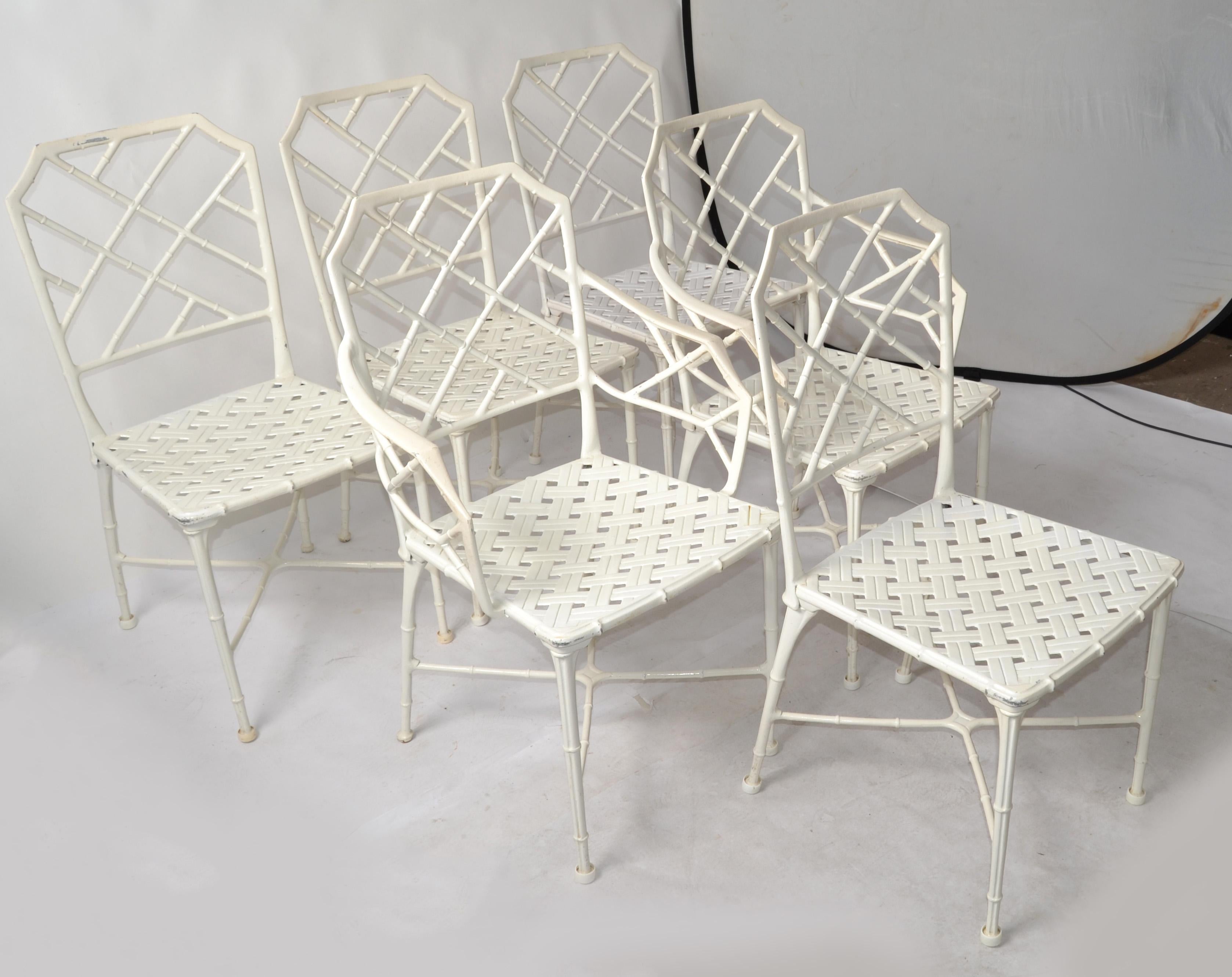 Cast Set 6 Hall Bradley Calcutta Outdoor White Distressed Finished Dining Chairs 1960 For Sale