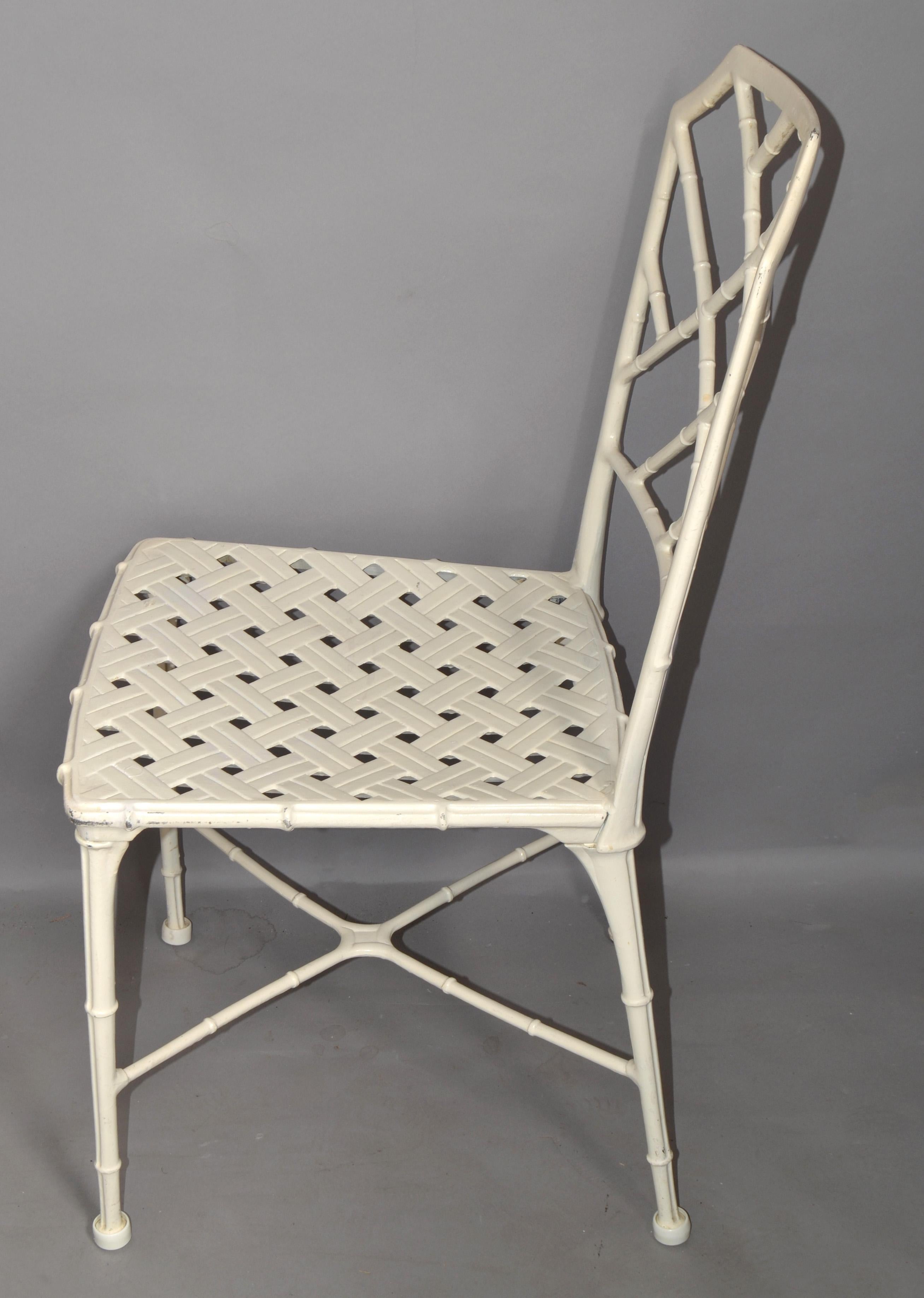 Mid-20th Century Set 6 Hall Bradley Calcutta Outdoor White Distressed Finished Dining Chairs 1960 For Sale