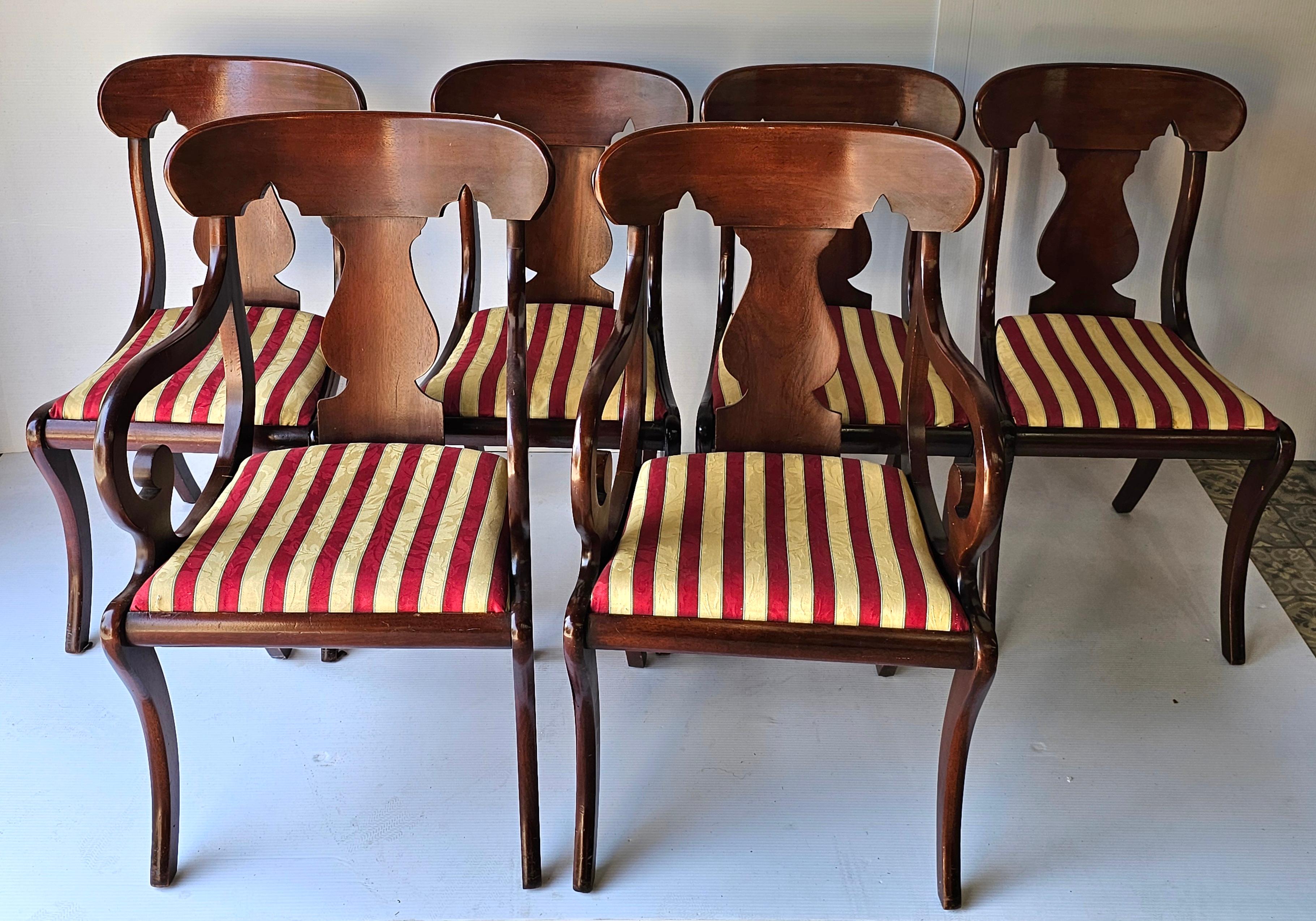 A Fabulous Set of 6 Hickory Chair Furniture Manufacturing Co. American Empire Style Cherry and  red Yellow striped Upholstered Dining Chairs. Measure 18