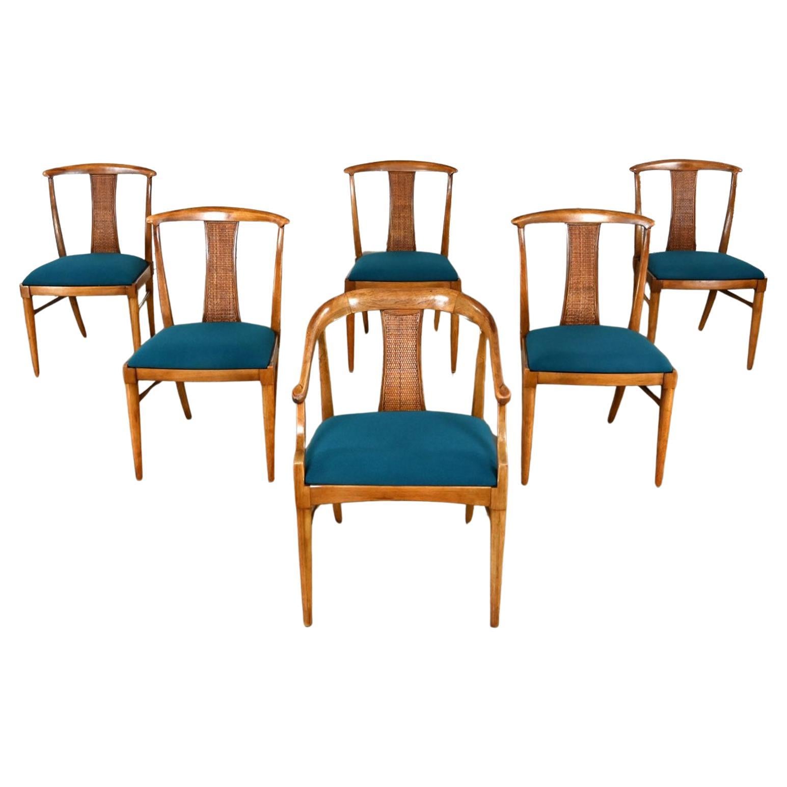 Gorgeous vintage Chinoiserie Hollywood Regency yoke back dining chairs Tamerlane Collection by Thomasville set of 6 composed of 5 side and 1 armchair. Comprised of hardwood frames, basket weave wicker back slats with Oriental Holly and Acacia Burl