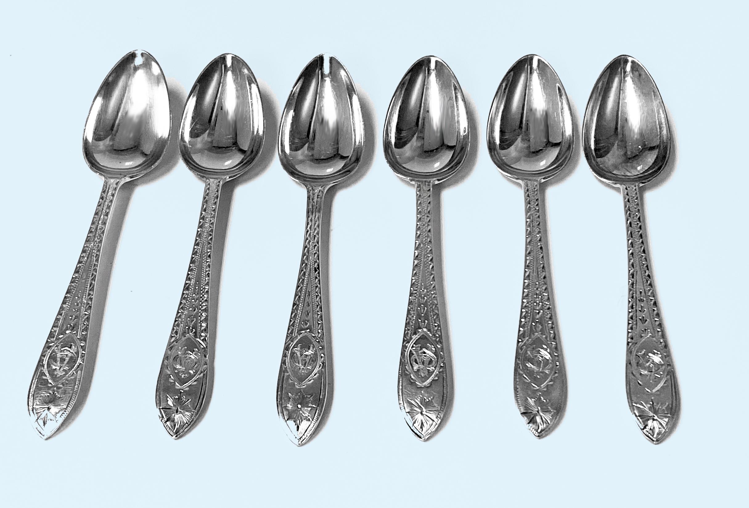 Irish Antique Silver Bright cut Celtic point large Teaspoons Dublin 1891 John Smith. Each very nice crisp brightcut pattern and cypher. Lengths: 5 inches. Reflections from photography only. 