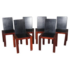 Set 6 Italian Mid Century Modern MCM Leather and Walnut Dining Chairs Circa 1950