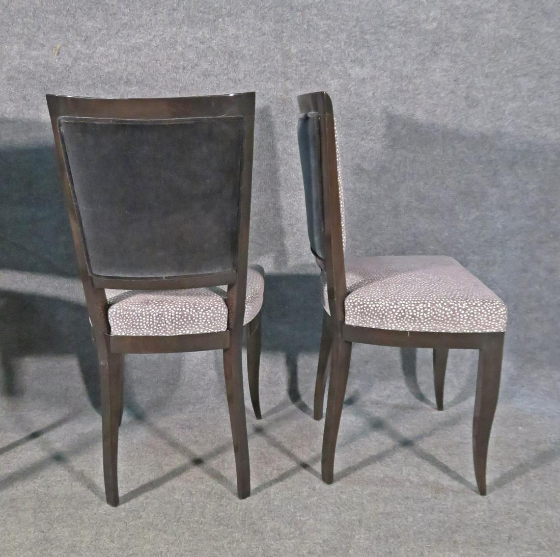 These chairs have graceful lines and design. They are not without their issues however. They have some slight cracks here or there and while they can be repaired we need to mention them. Upholstered seats. 38 3/4
