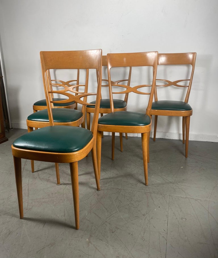 Stunning set 6 Italian Modernist dining chairs attributed to Carlo De Carli, classic mid century design,, Amazing quality and construction, i believe the wood is solid beech or birch, retain original green naugahyde upholstered seats, hand delivery